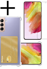 NoXx Hoes Geschikt voor Samsung S21 FE Hoesje Pasjeshouder Cover Shock Proof Case Siliconen Hoes Met Kaarthouder Met Screenprotector - Transparant