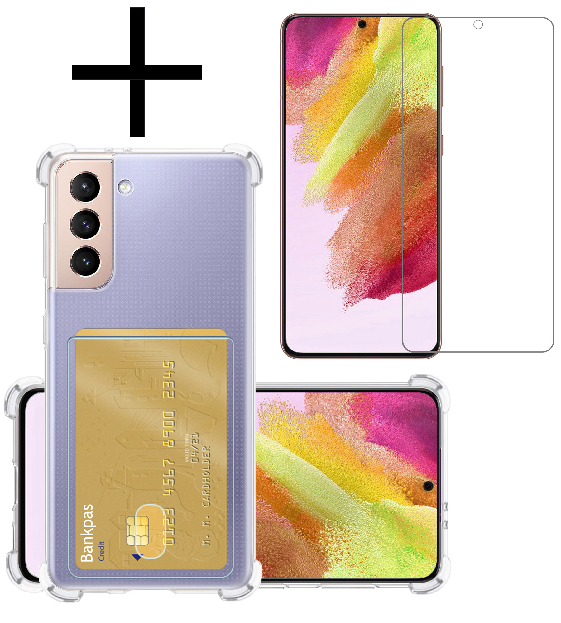 NoXx Hoes Geschikt voor Samsung S21 FE Hoesje Pasjeshouder Cover Shock Proof Case Siliconen Hoes Met Kaarthouder Met Screenprotector - Transparant
