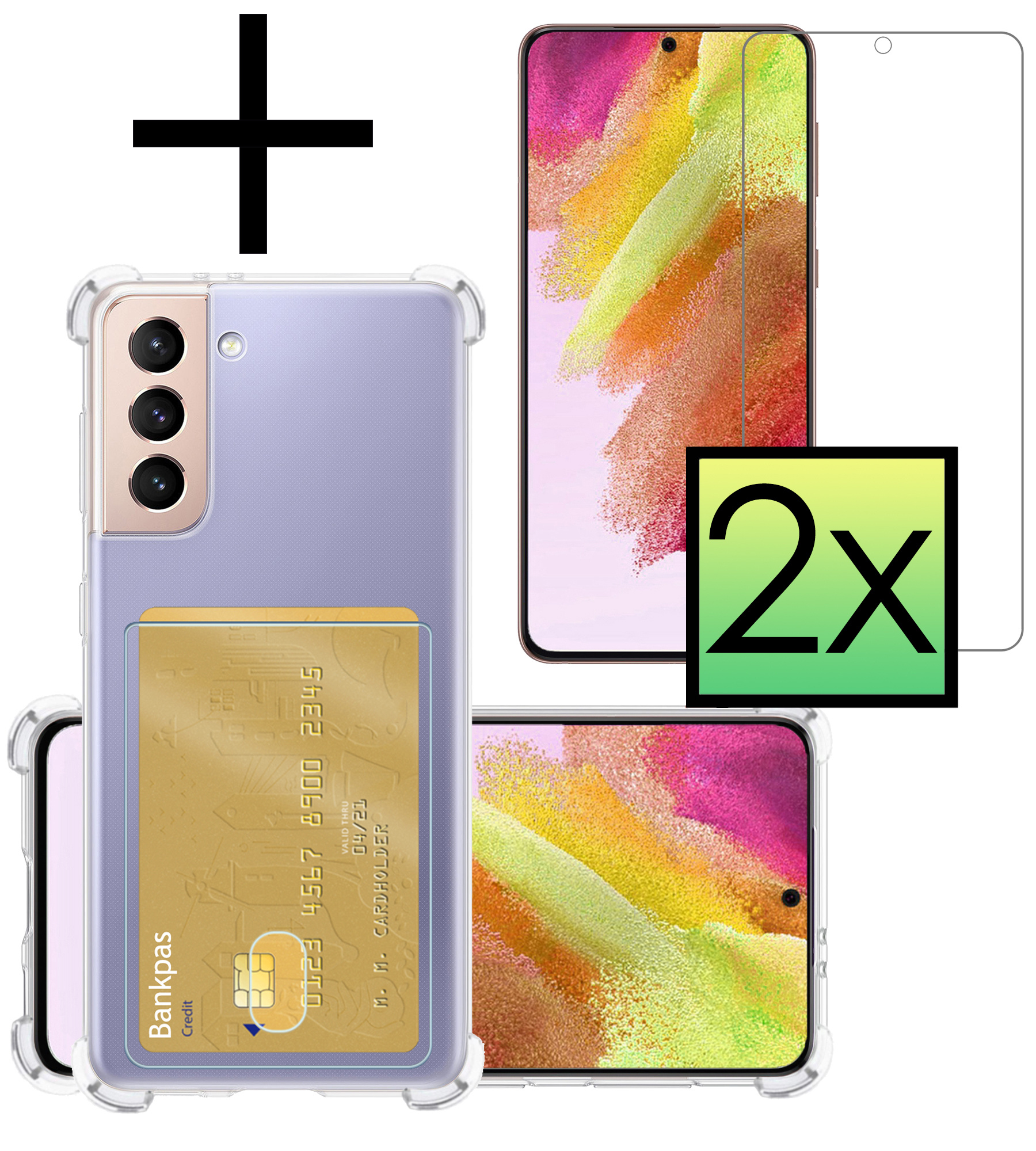 NoXx Hoes Geschikt voor Samsung S21 FE Hoesje Pasjeshouder Cover Shock Proof Case Siliconen Hoes Met Kaarthouder Met 2x Screenprotector - Transparant