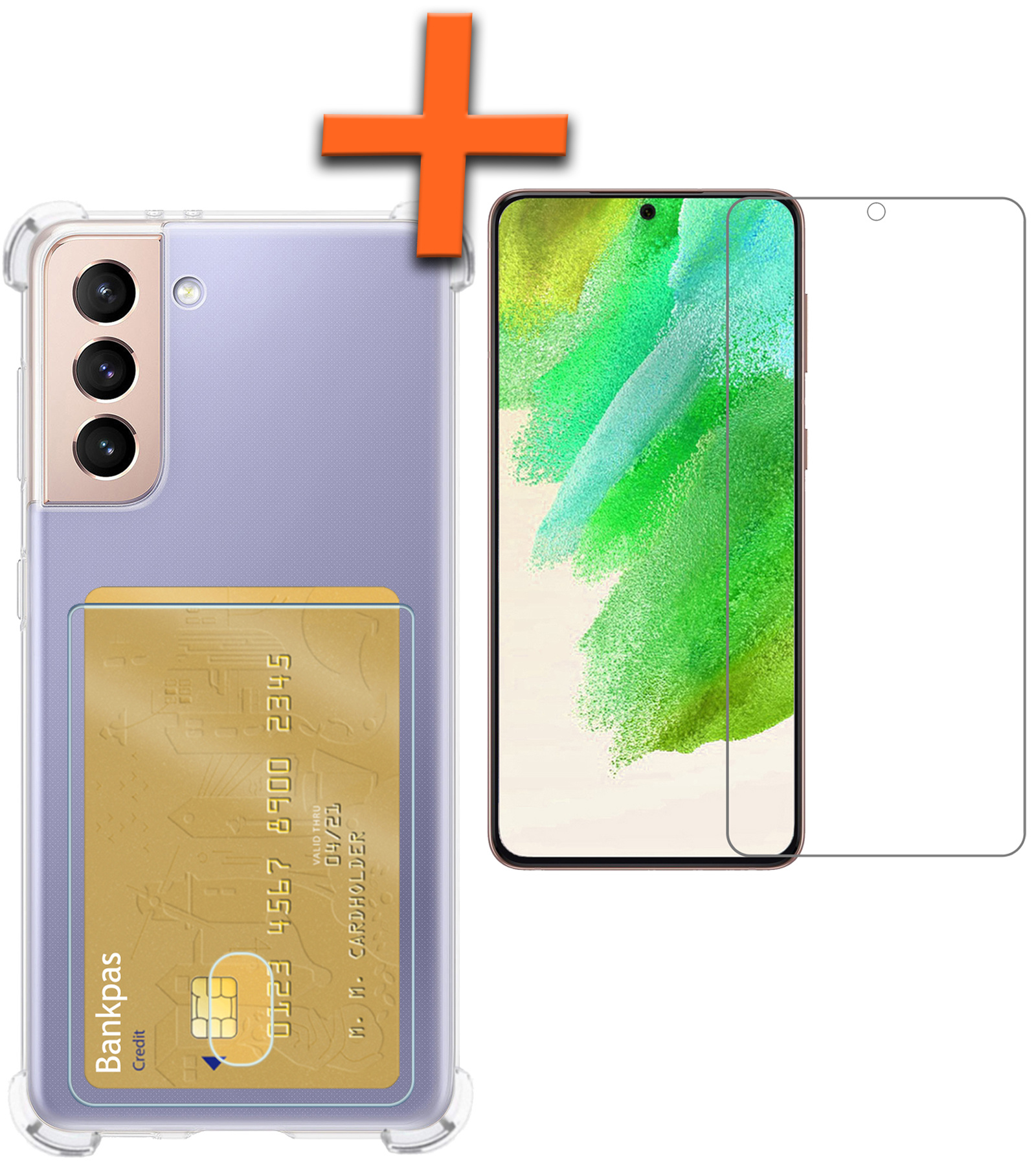 Nomfy Hoesje Geschikt voor Samsung S21 FE Hoesje Pasjeshouder Shockproof Pas Houder Met Screenprotector - Hoesje Geschikt voor Samsung Galaxy S21 FE Hoes Met Kaarthouder - Transparant