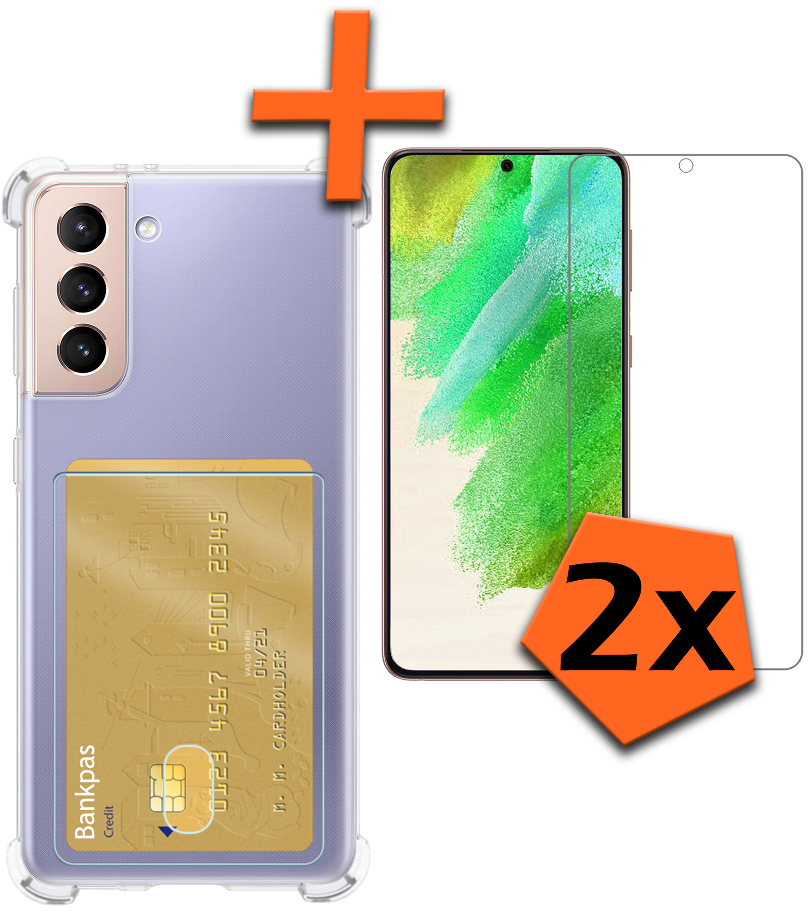 Nomfy Hoesje Geschikt voor Samsung S21 FE Hoesje Pasjeshouder Shockproof Pas Houder Met 2x Screenprotector - Hoesje Geschikt voor Samsung Galaxy S21 FE Hoes Met Kaarthouder - Transparant