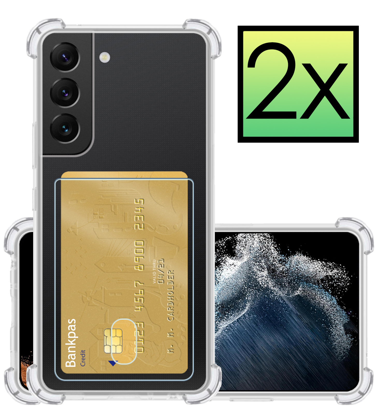 NoXx Hoes Geschikt voor Samsung S22 Hoesje Pasjeshouder Cover Shock Proof Case Siliconen Hoes Met Kaarthouder - Transparant - 2x