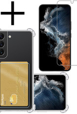 NoXx Hoes Geschikt voor Samsung S22 Hoesje Pasjeshouder Cover Shock Proof Case Siliconen Hoes Met Kaarthouder Met Screenprotector - Transparant