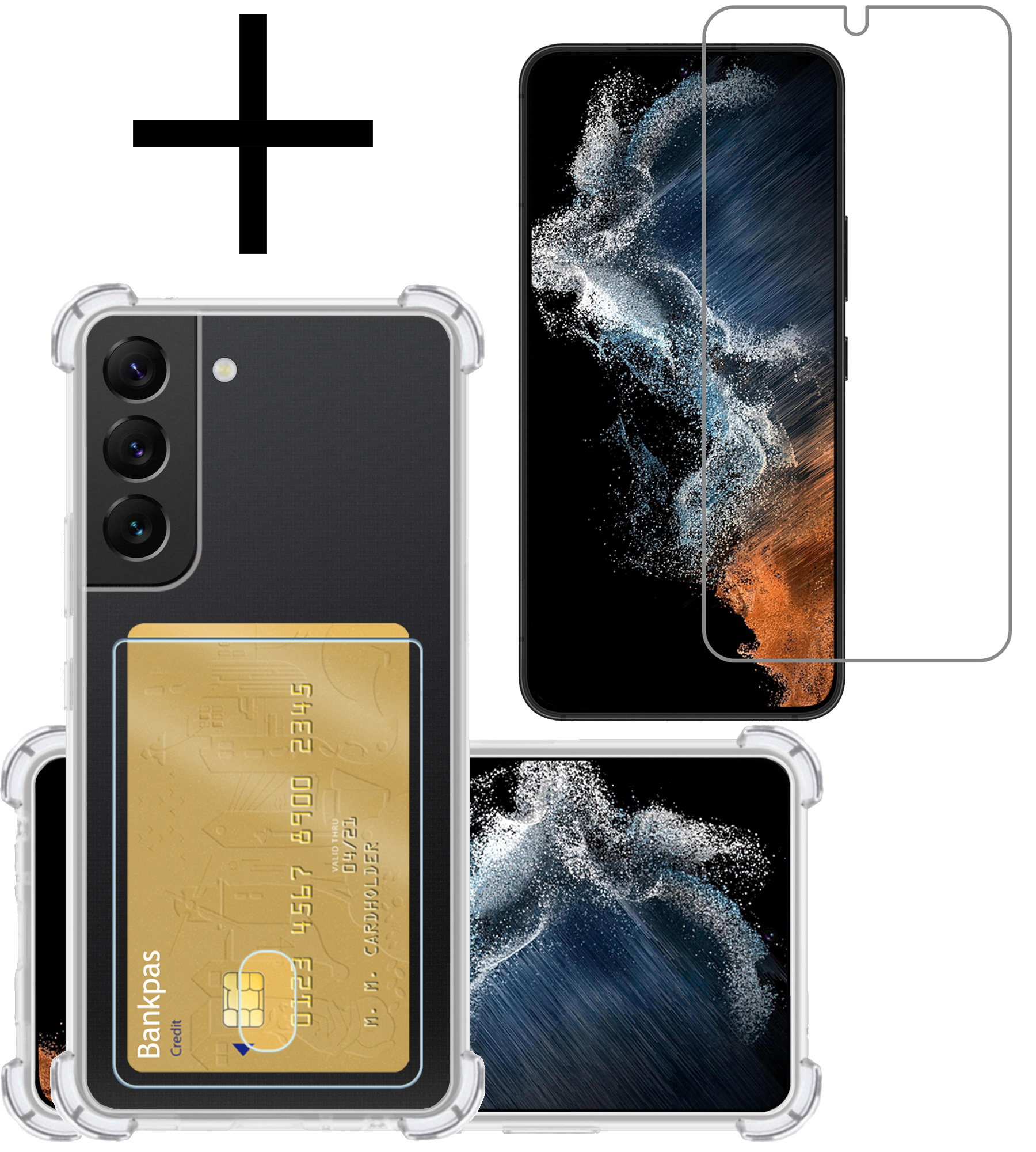 NoXx Hoes Geschikt voor Samsung S22 Hoesje Pasjeshouder Cover Shock Proof Case Siliconen Hoes Met Kaarthouder Met Screenprotector - Transparant