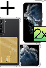 NoXx Hoes Geschikt voor Samsung S22 Hoesje Pasjeshouder Cover Shock Proof Case Siliconen Hoes Met Kaarthouder Met 2x Screenprotector - Transparant