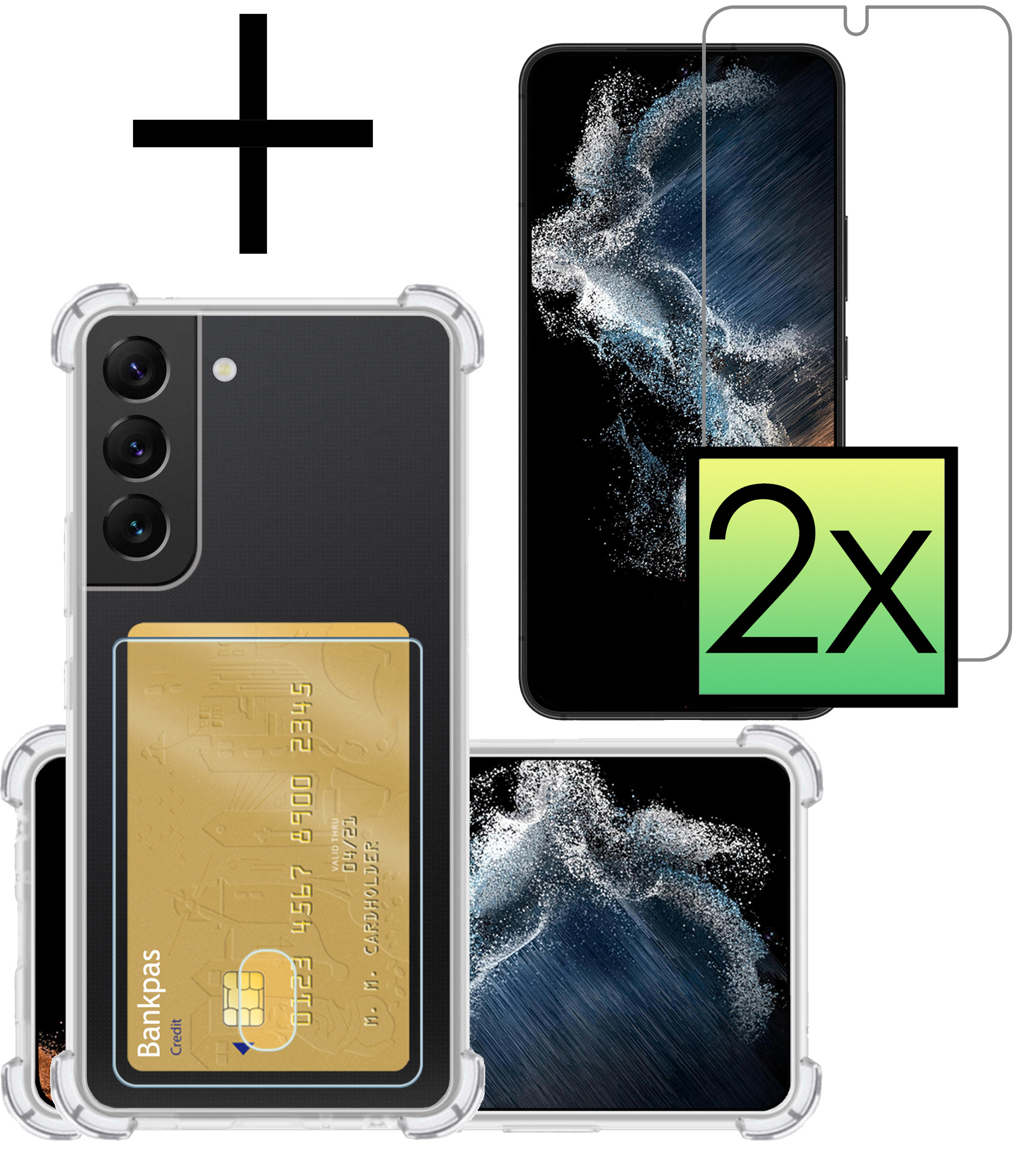 NoXx Hoes Geschikt voor Samsung S22 Hoesje Pasjeshouder Cover Shock Proof Case Siliconen Hoes Met Kaarthouder Met 2x Screenprotector - Transparant