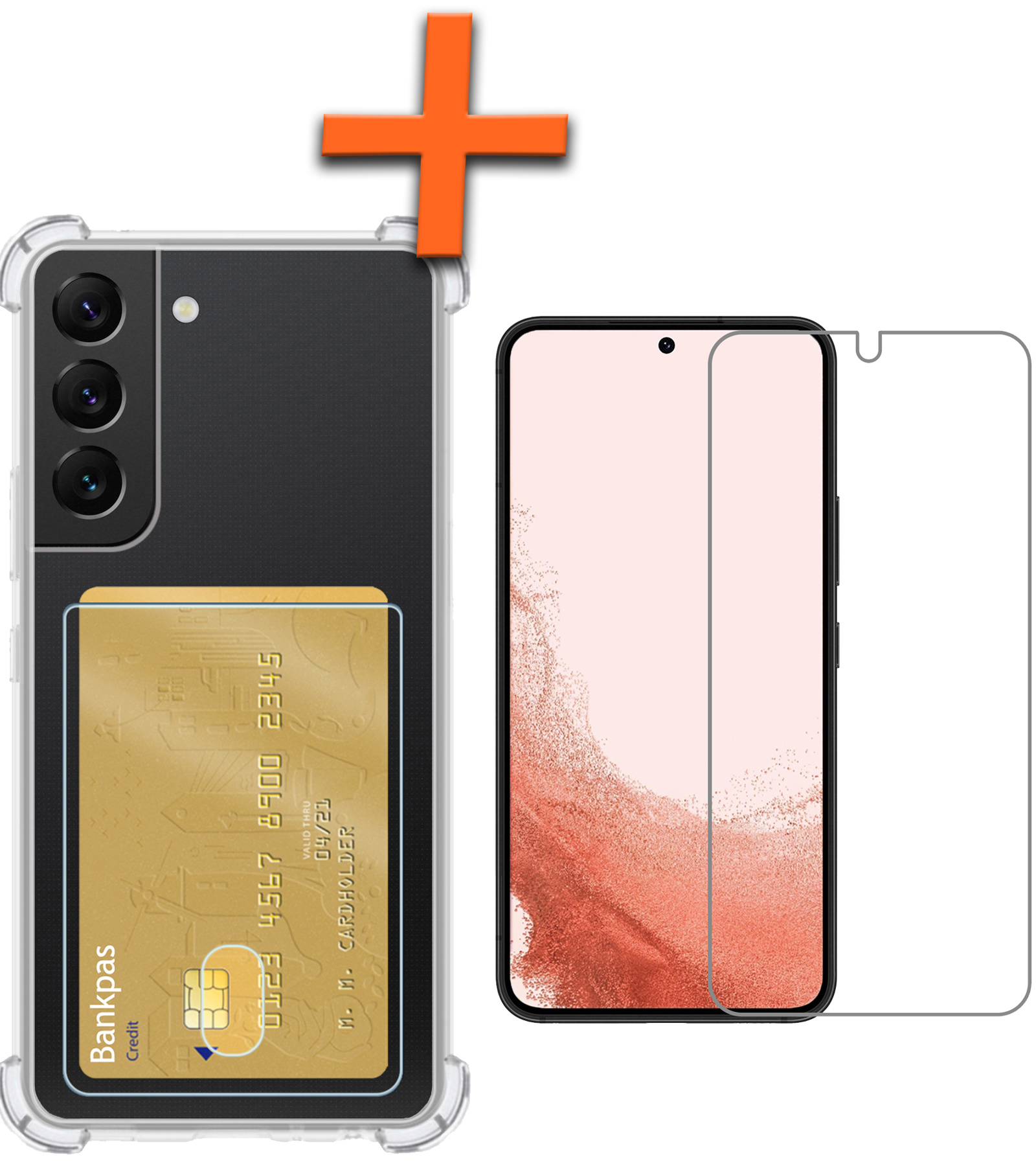 Nomfy Hoesje Geschikt voor Samsung S22 Hoesje Pasjeshouder Shockproof Pas Houder Met Screenprotector - Hoesje Geschikt voor Samsung Galaxy S22 Hoes Met Kaarthouder - Transparant