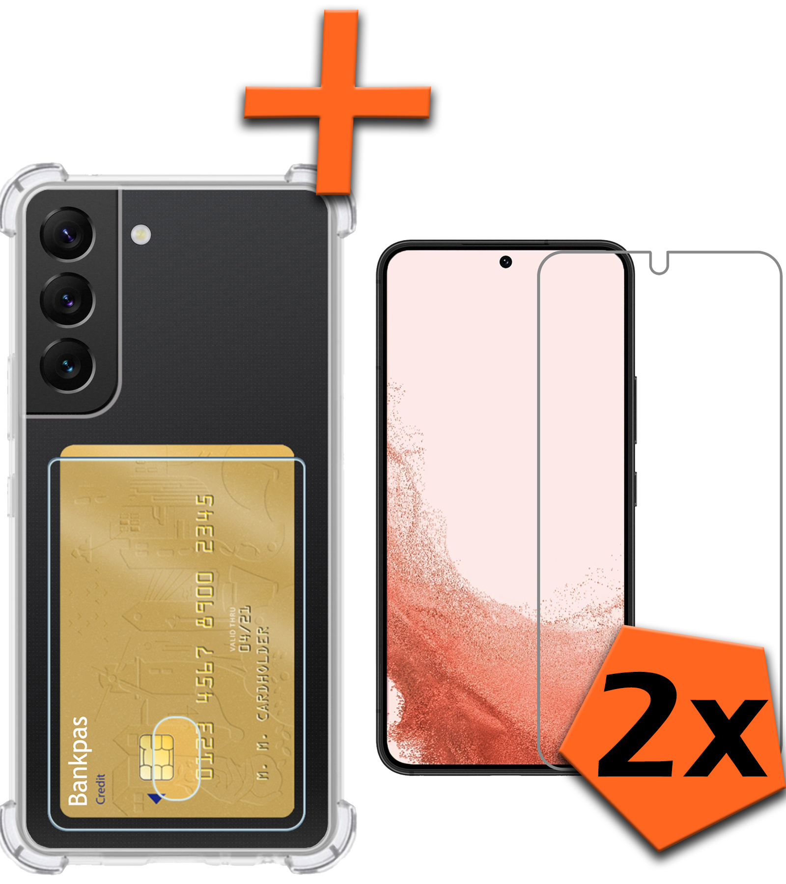 Nomfy Hoesje Geschikt voor Samsung S22 Hoesje Pasjeshouder Shockproof Pas Houder Met 2x Screenprotector - Hoesje Geschikt voor Samsung Galaxy S22 Hoes Met Kaarthouder - Transparant