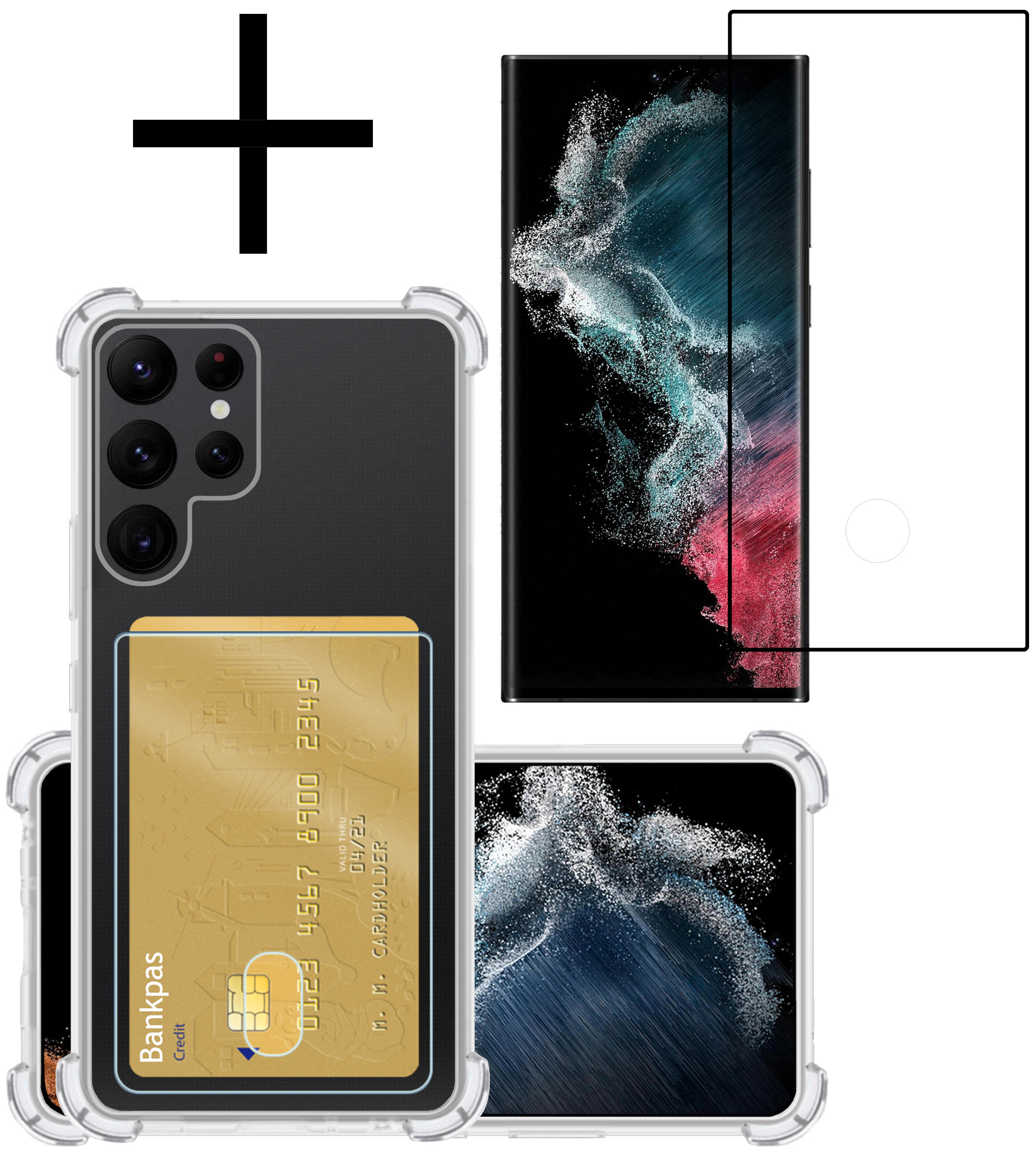 NoXx Hoes Geschikt voor Samsung S22 Ultra Hoesje Pasjeshouder Cover Shock Proof Case Siliconen Hoes Met Kaarthouder Met Screenprotector - Transparant