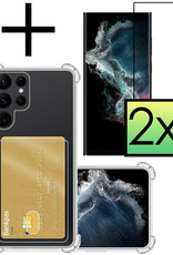 NoXx Hoes Geschikt voor Samsung S22 Ultra Hoesje Pasjeshouder Cover Shock Proof Case Siliconen Hoes Met Kaarthouder Met 2x Screenprotector - Transparant