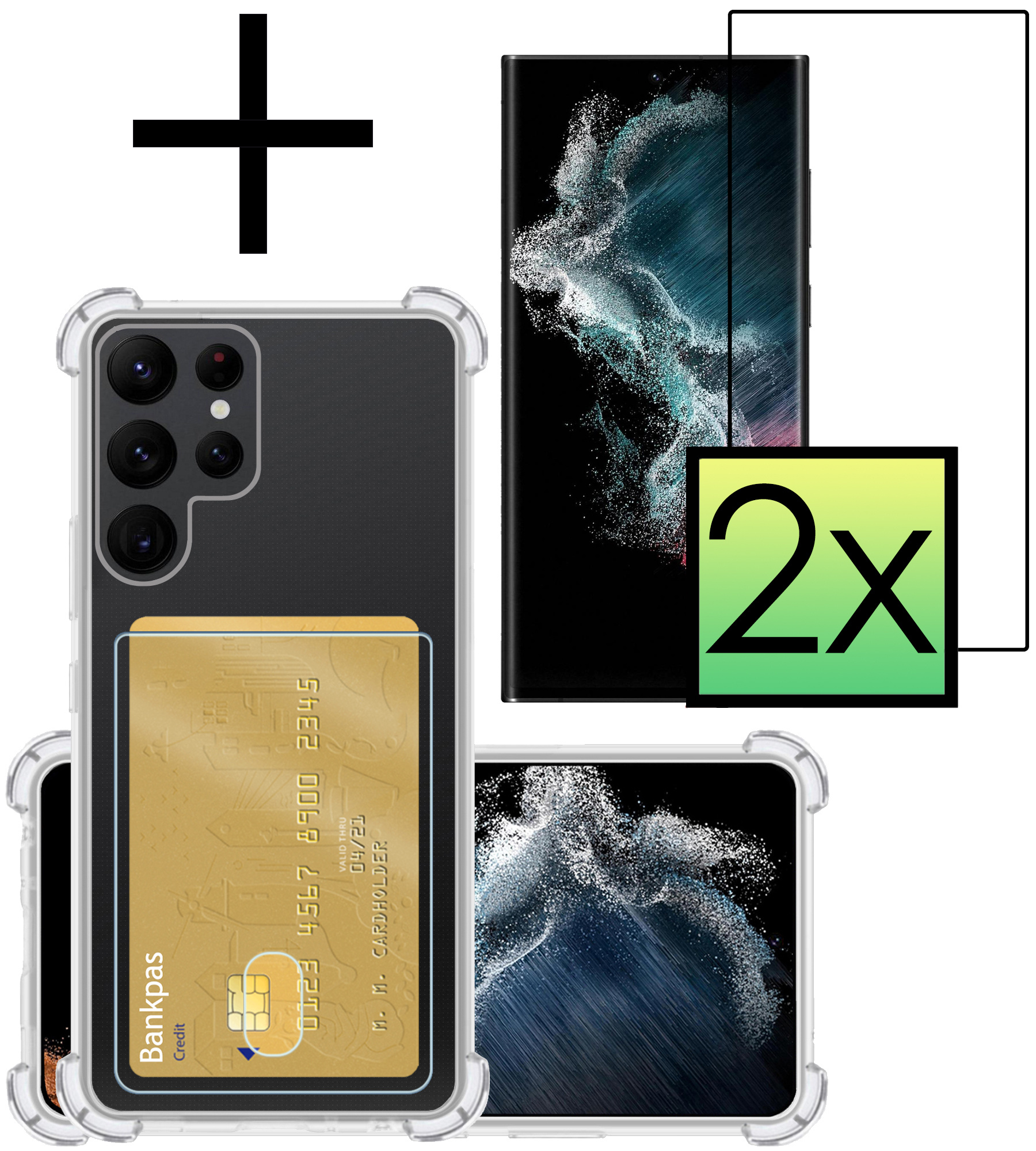 NoXx Hoes Geschikt voor Samsung S22 Ultra Hoesje Pasjeshouder Cover Shock Proof Case Siliconen Hoes Met Kaarthouder Met 2x Screenprotector - Transparant