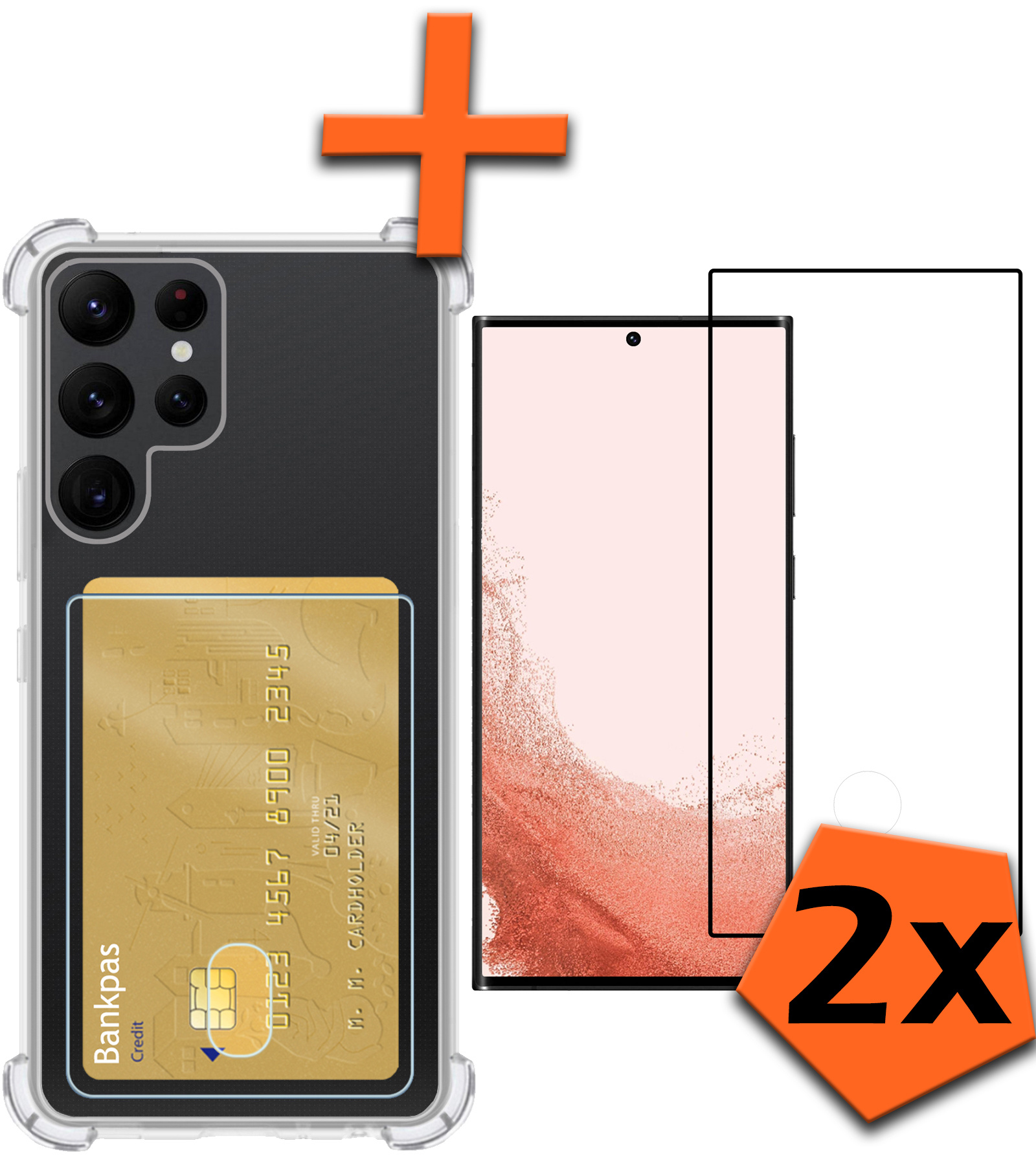 Nomfy Hoesje Geschikt voor Samsung S22 Ultra Hoesje Pasjeshouder Shockproof Pas Houder Met 2x Screenprotector - Hoesje Geschikt voor Samsung Galaxy S22 Ultra Hoes Met Kaarthouder - Transparant