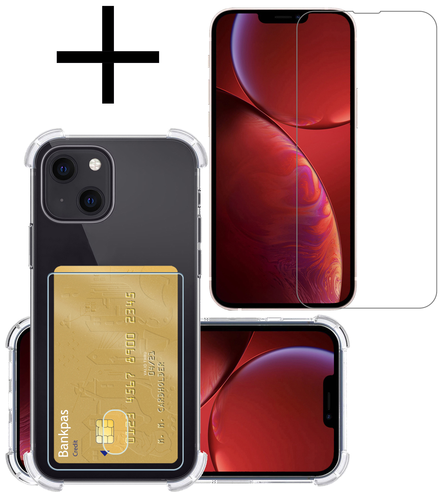 NoXx Hoes Geschikt voor iPhone 13 Mini Hoesje Pasjeshouder Cover Shock Proof Case Siliconen Hoes Met Kaarthouder Met Screenprotector - Transparant