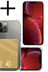 NoXx Hoes Geschikt voor iPhone 13 Pro Max Hoesje Pasjeshouder Cover Shock Proof Case Siliconen Hoes Met Kaarthouder Met Screenprotector - Transparant
