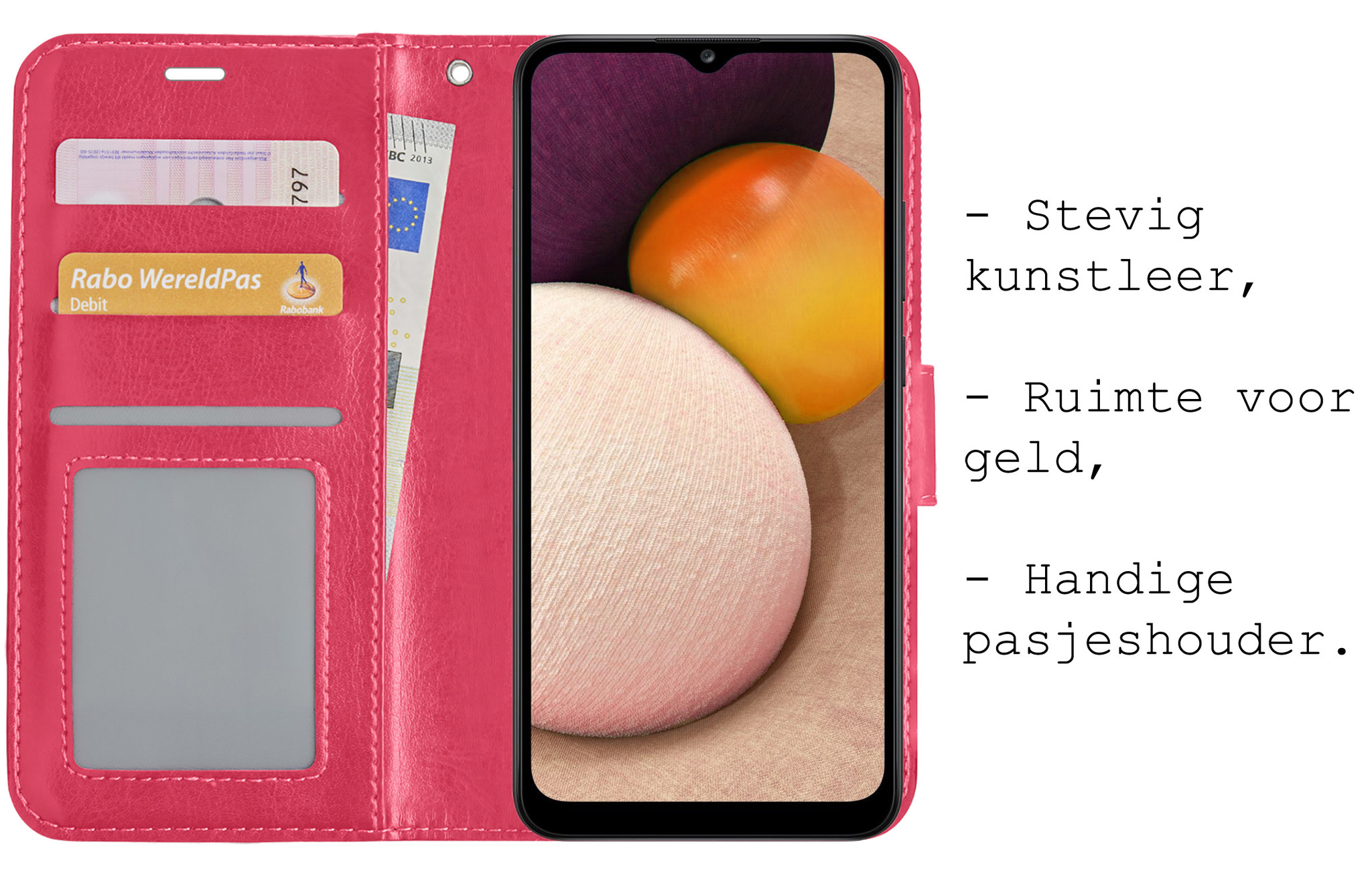 BASEY. Hoes Geschikt voor Samsung A02s Hoesje Bookcase Hoes Flip Case Book Cover - Hoesje Geschikt voor Samsung Galaxy A02s Hoes Book Case Hoesje - Donkerroze