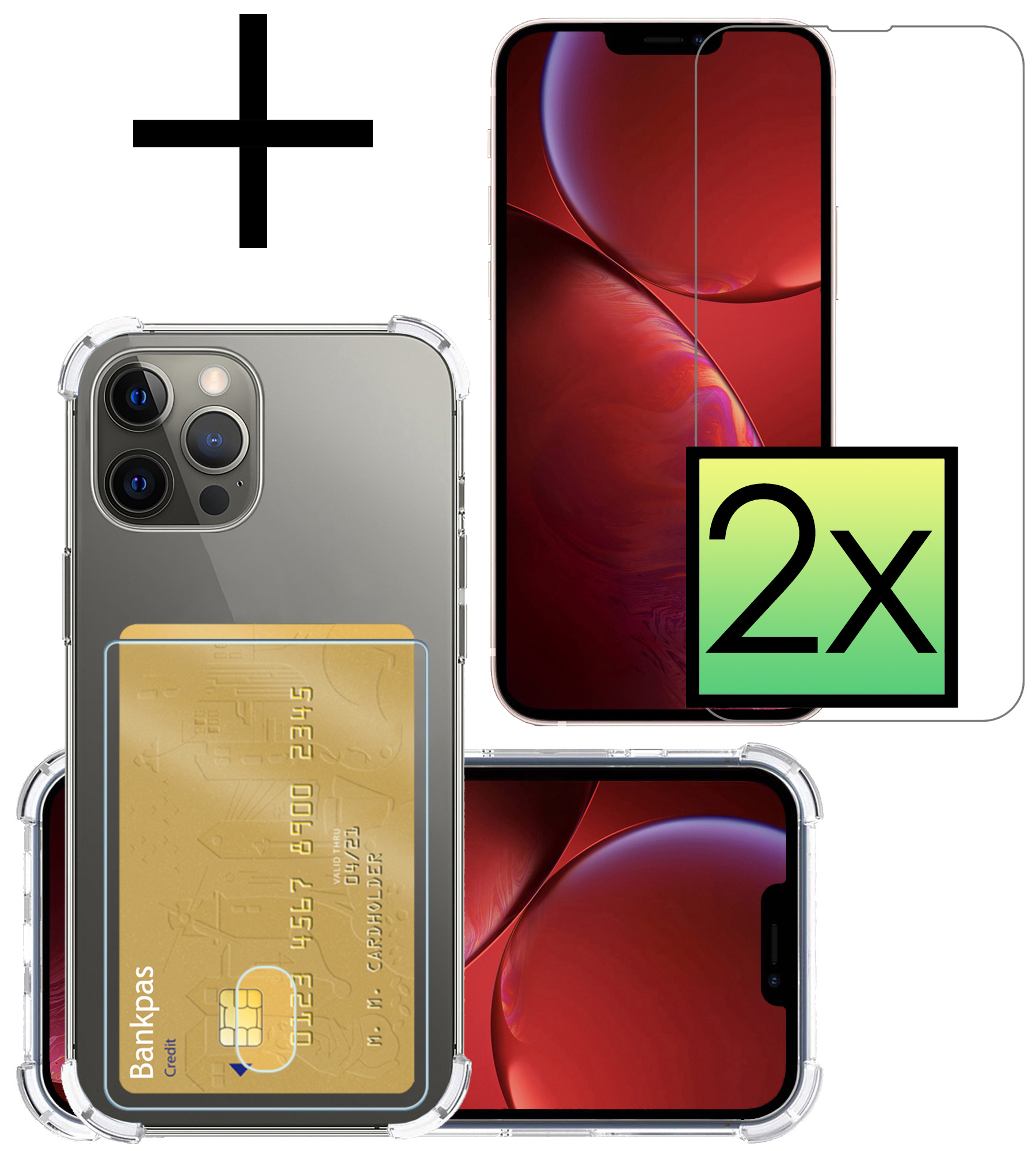 NoXx Hoes Geschikt voor iPhone 13 Pro Max Hoesje Pasjeshouder Cover Shock Proof Case Siliconen Hoes Met Kaarthouder Met 2x Screenprotector - Transparant
