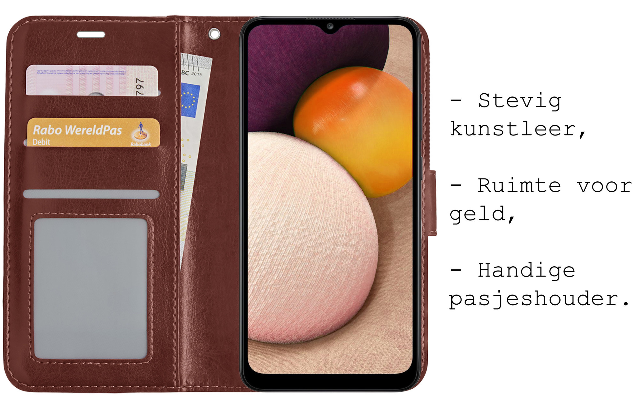 BASEY. Hoes Geschikt voor Samsung A02s Hoesje Bookcase Hoes Flip Case Book Cover Met Screenprotector - Hoesje Geschikt voor Samsung Galaxy A02s Hoes Book Case Hoesje - Bruin