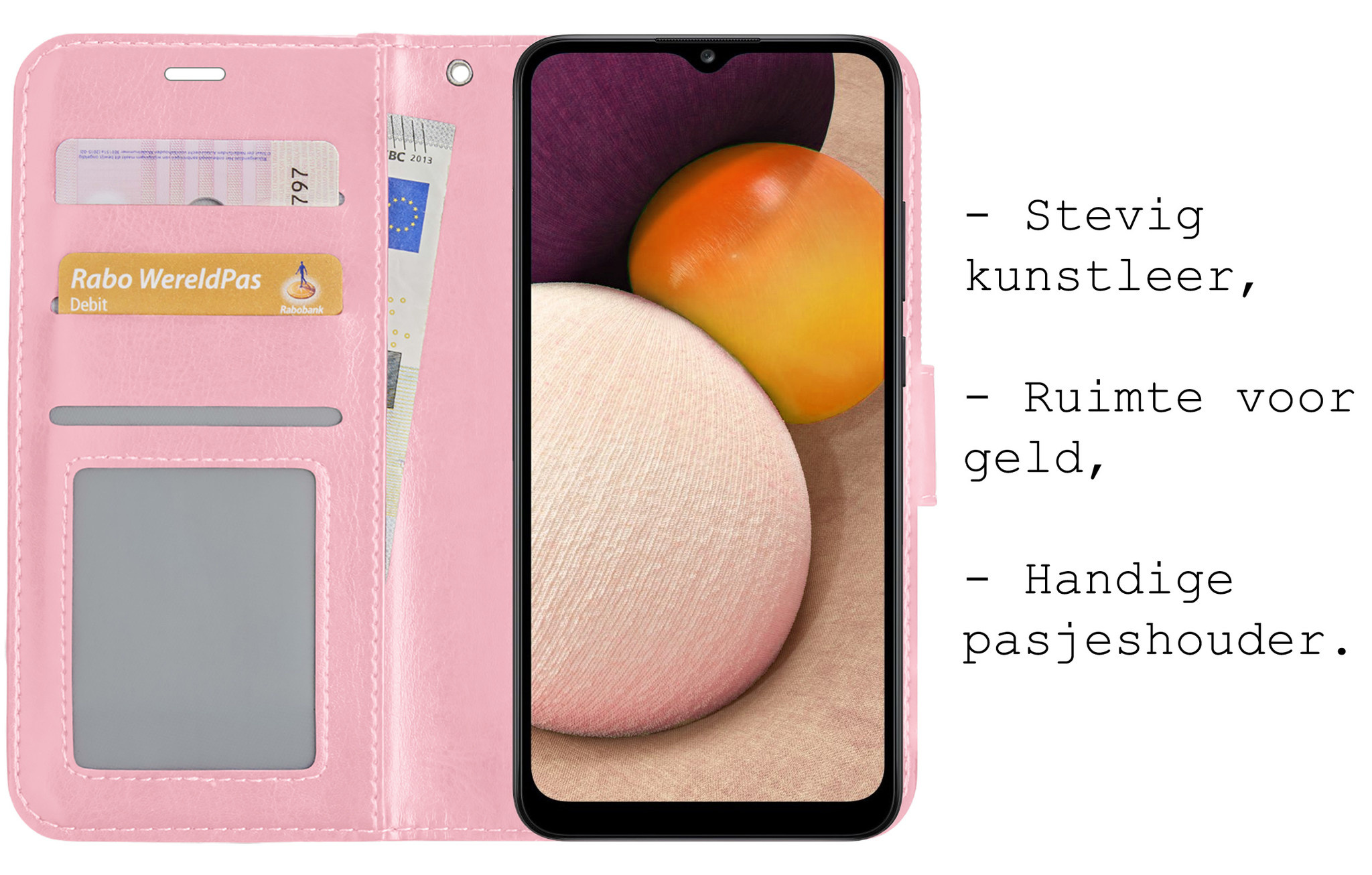 BASEY. Hoes Geschikt voor Samsung A02s Hoesje Bookcase Hoes Flip Case Book Cover Met Screenprotector - Hoesje Geschikt voor Samsung Galaxy A02s Hoes Book Case Hoesje - Lichtroze