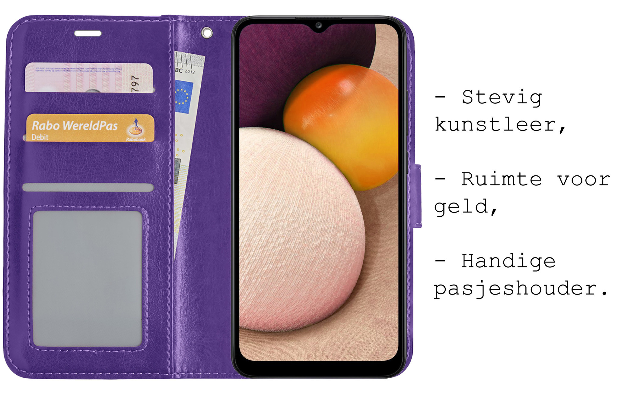 BASEY. Hoes Geschikt voor Samsung A02s Hoesje Bookcase Hoes Flip Case Book Cover Met Screenprotector - Hoesje Geschikt voor Samsung Galaxy A02s Hoes Book Case Hoesje - Paars