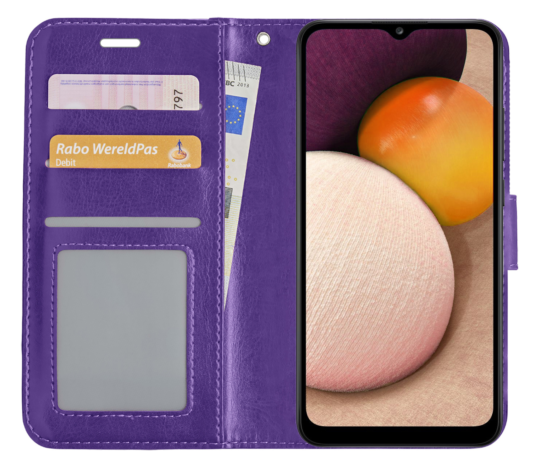 BASEY. Hoes Geschikt voor Samsung A02s Hoesje Bookcase Hoes Flip Case Book Cover Met Screenprotector - Hoesje Geschikt voor Samsung Galaxy A02s Hoes Book Case Hoesje - Paars