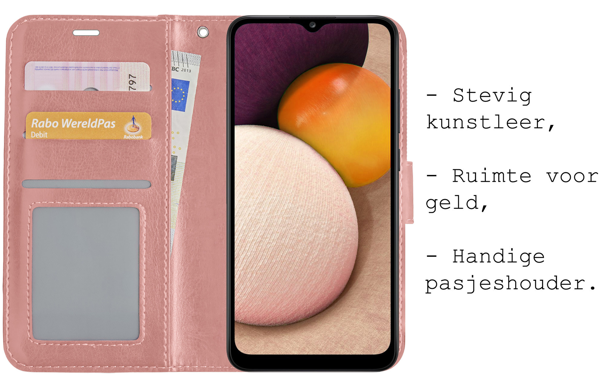 BASEY. Hoes Geschikt voor Samsung A02s Hoesje Bookcase Hoes Flip Case Book Cover Met Screenprotector - Hoesje Geschikt voor Samsung Galaxy A02s Hoes Book Case Hoesje - Rosé goud