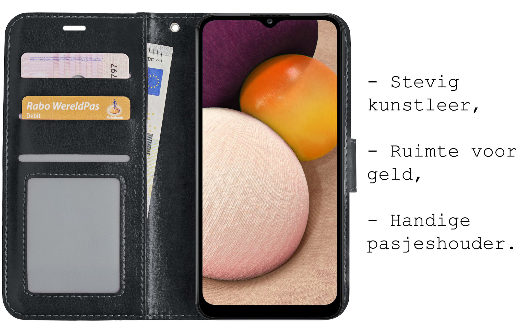 BASEY. Hoes Geschikt voor Samsung A02s Hoesje Bookcase Hoes Flip Case Book Cover Met Screenprotector - Hoesje Geschikt voor Samsung Galaxy A02s Hoes Book Case Hoesje - Zwart