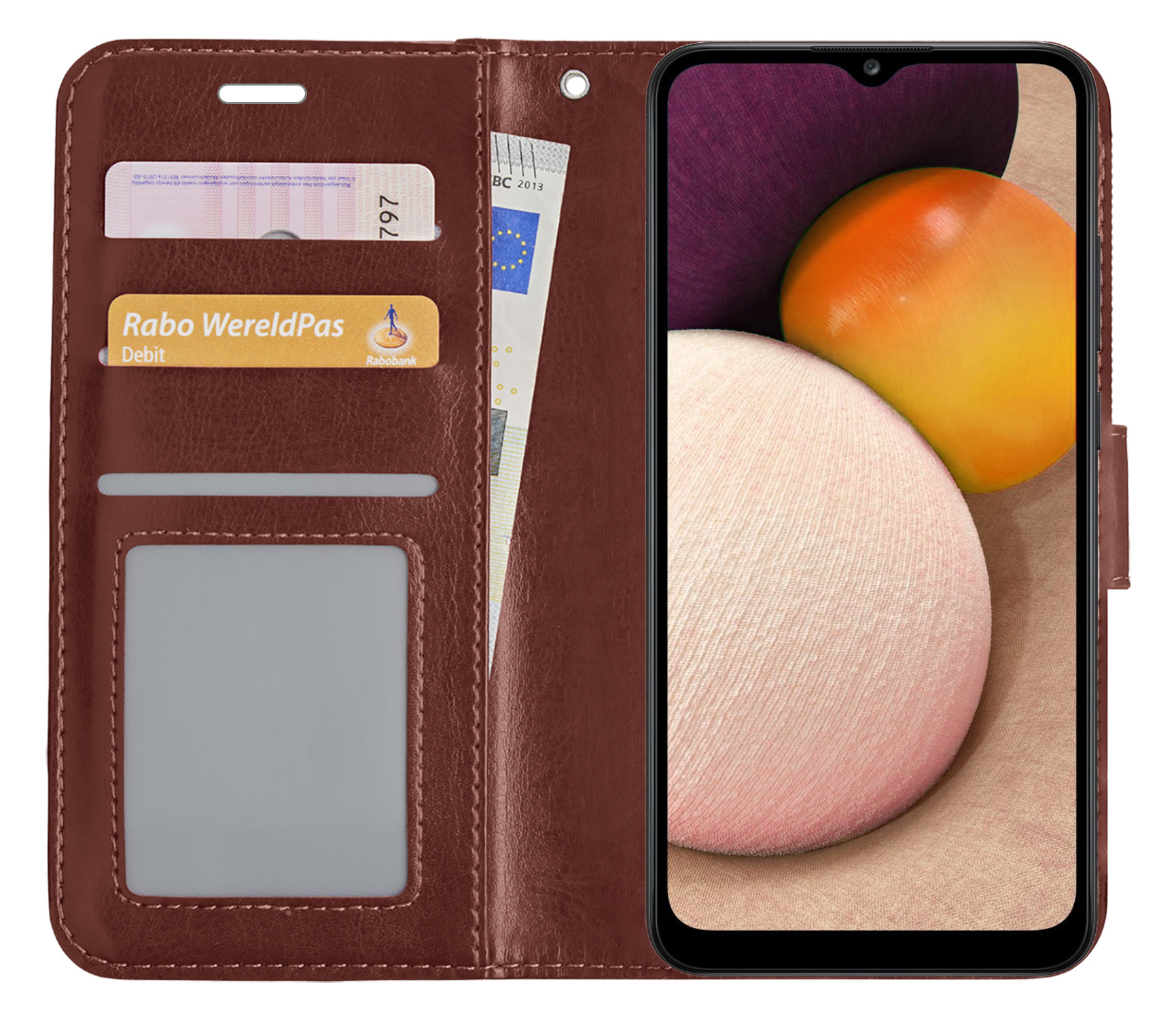 BASEY. Hoes Geschikt voor Samsung A02s Hoesje Bookcase Hoes Flip Case Book Cover Met 2x Screenprotector - Hoesje Geschikt voor Samsung Galaxy A02s Hoes Book Case Hoesje - Bruin
