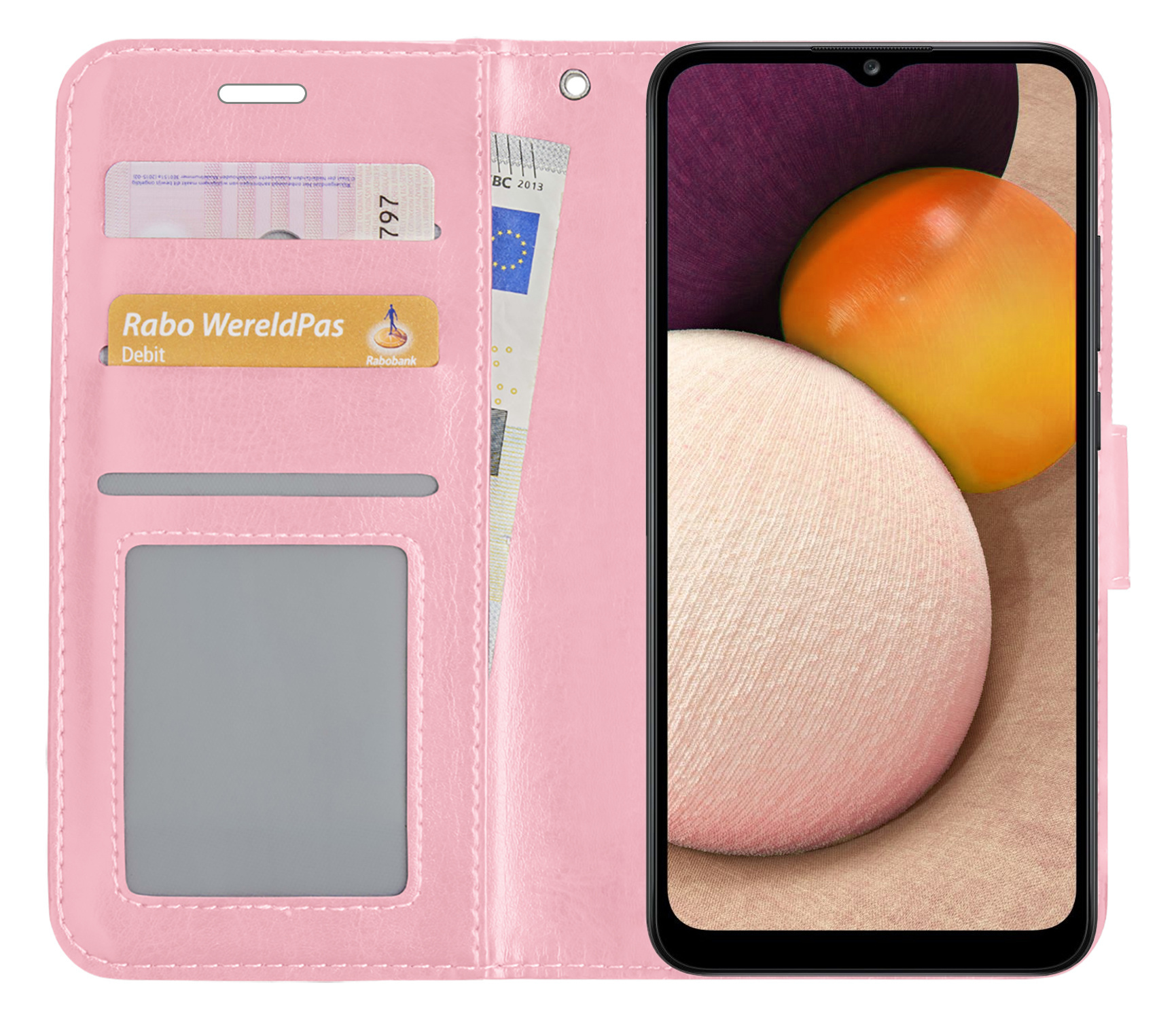 BASEY. Hoes Geschikt voor Samsung A02s Hoesje Bookcase Hoes Flip Case Book Cover Met 2x Screenprotector - Hoesje Geschikt voor Samsung Galaxy A02s Hoes Book Case Hoesje - Lichtroze