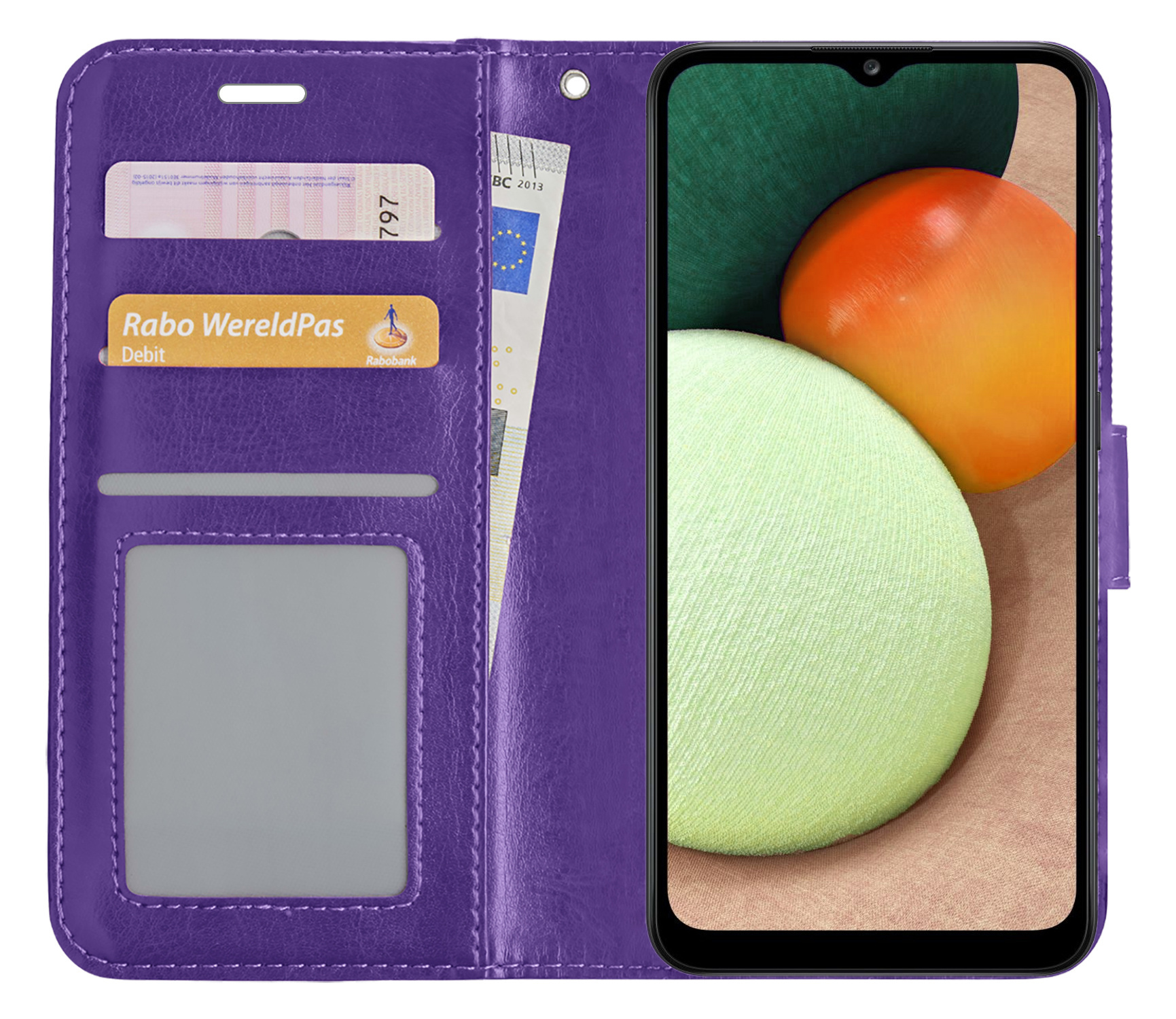 Nomfy Hoesje Geschikt voor Samsung A02s Hoes Bookcase Flipcase Book Cover Met Screenprotector - Hoes Geschikt voor Samsung Galaxy A02s Hoesje Book Case - Paars