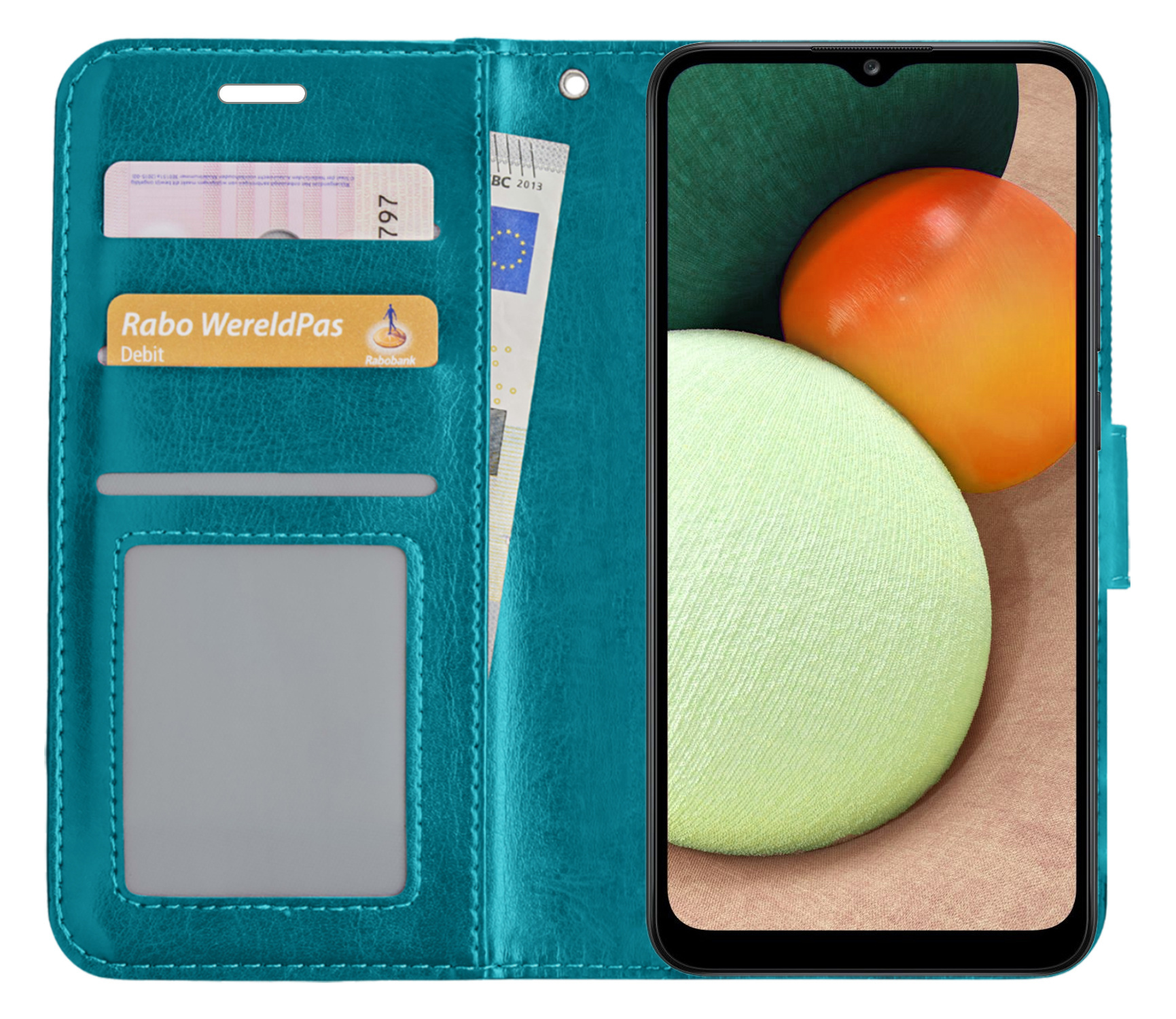 Nomfy Hoesje Geschikt voor Samsung A02s Hoes Bookcase Flipcase Book Cover Met 2x Screenprotector - Hoes Geschikt voor Samsung Galaxy A02s Hoesje Book Case - Turquoise