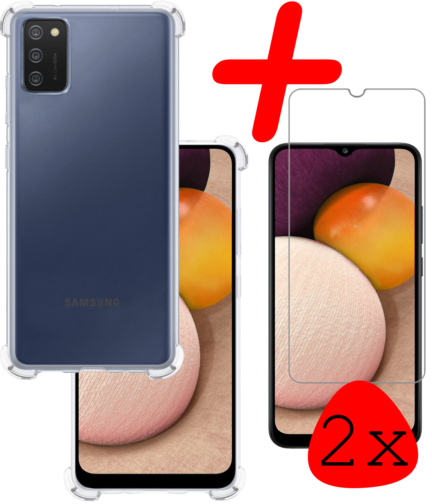 BASEY. Samsung Galaxy A02s Hoesje Shock Proof Met 2x Screenprotector Tempered Glass - Samsung Galaxy A02s Screen Protector Beschermglas Hoes Shockproof - Transparant