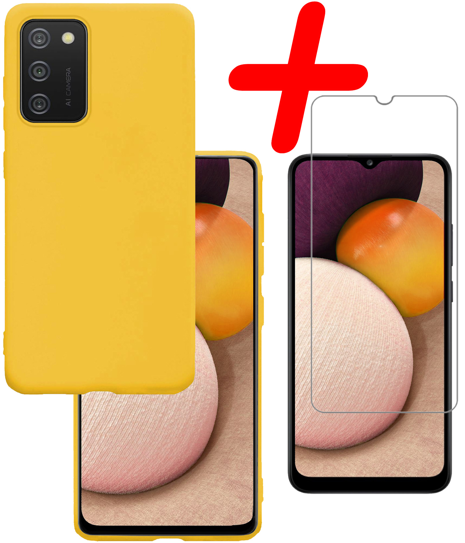 BASEY. Hoes Geschikt voor Samsung A02s Hoesje Siliconen Back Cover Case Met Screenprotector - Hoesje Geschikt voor Samsung Galaxy A02s Hoes Cover Hoesje - Geel