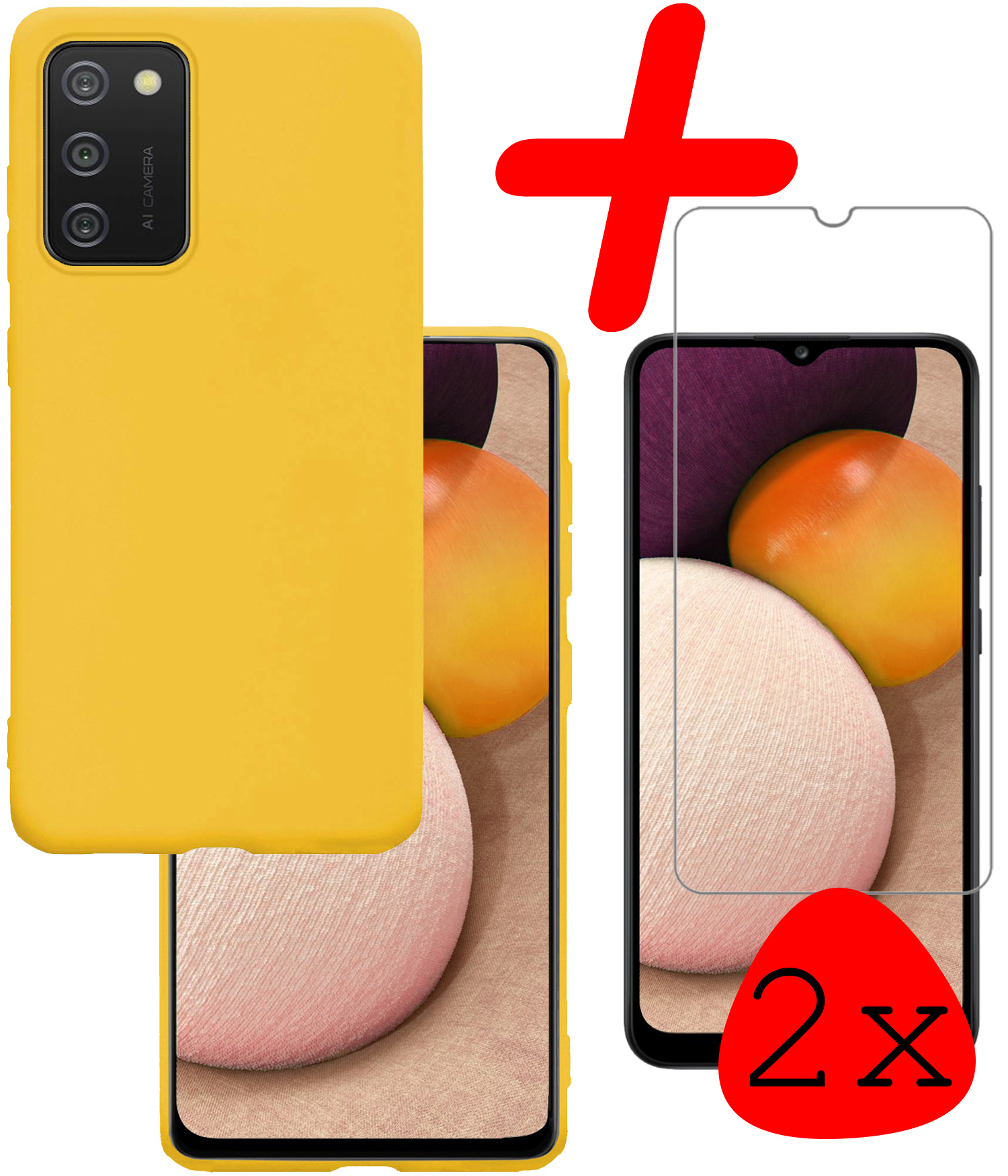 BASEY. Hoes Geschikt voor Samsung A02s Hoesje Siliconen Back Cover Case Met 2x Screenprotector - Hoesje Geschikt voor Samsung Galaxy A02s Hoes Cover Hoesje - Geel