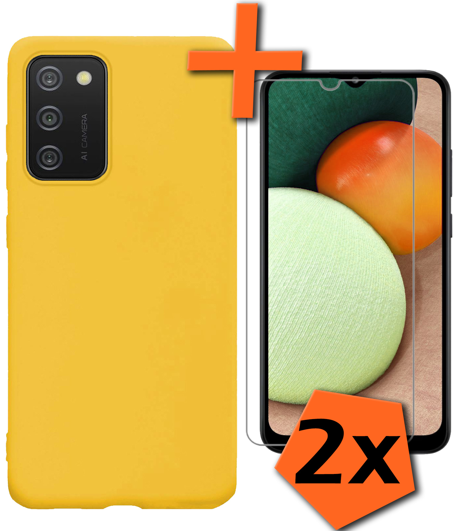 Nomfy Hoesje Geschikt voor Samsung A02s Hoesje Siliconen Cover Case Met 2x Screenprotector - Hoes Geschikt voor Samsung Galaxy A02s Hoes Back Case - Geel