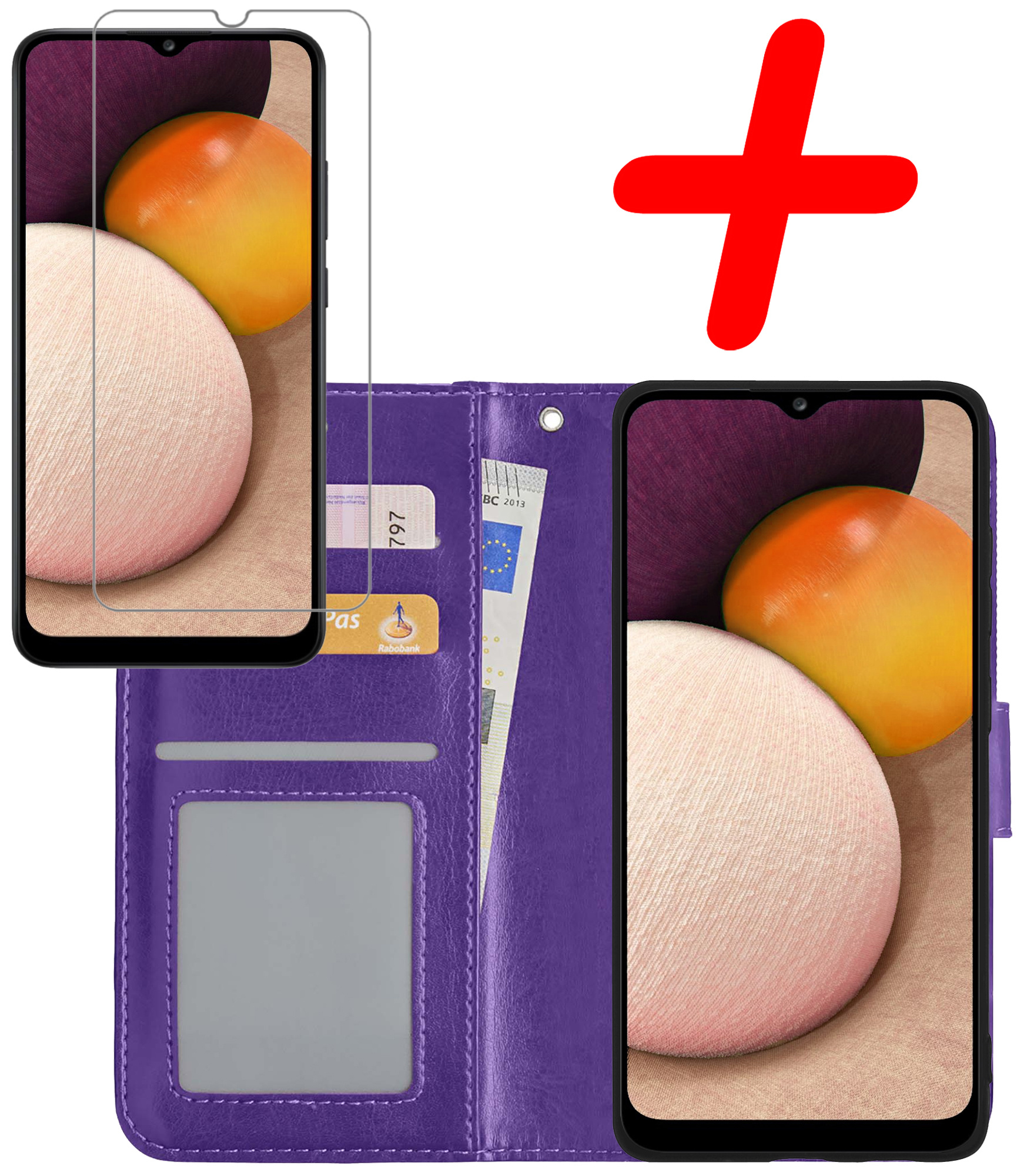 BASEY. Hoes Geschikt voor Samsung A02s Hoesje Bookcase Hoes Flip Case Book Cover Met Screenprotector - Hoesje Geschikt voor Samsung Galaxy A02s Hoes Book Case Hoesje - Paars