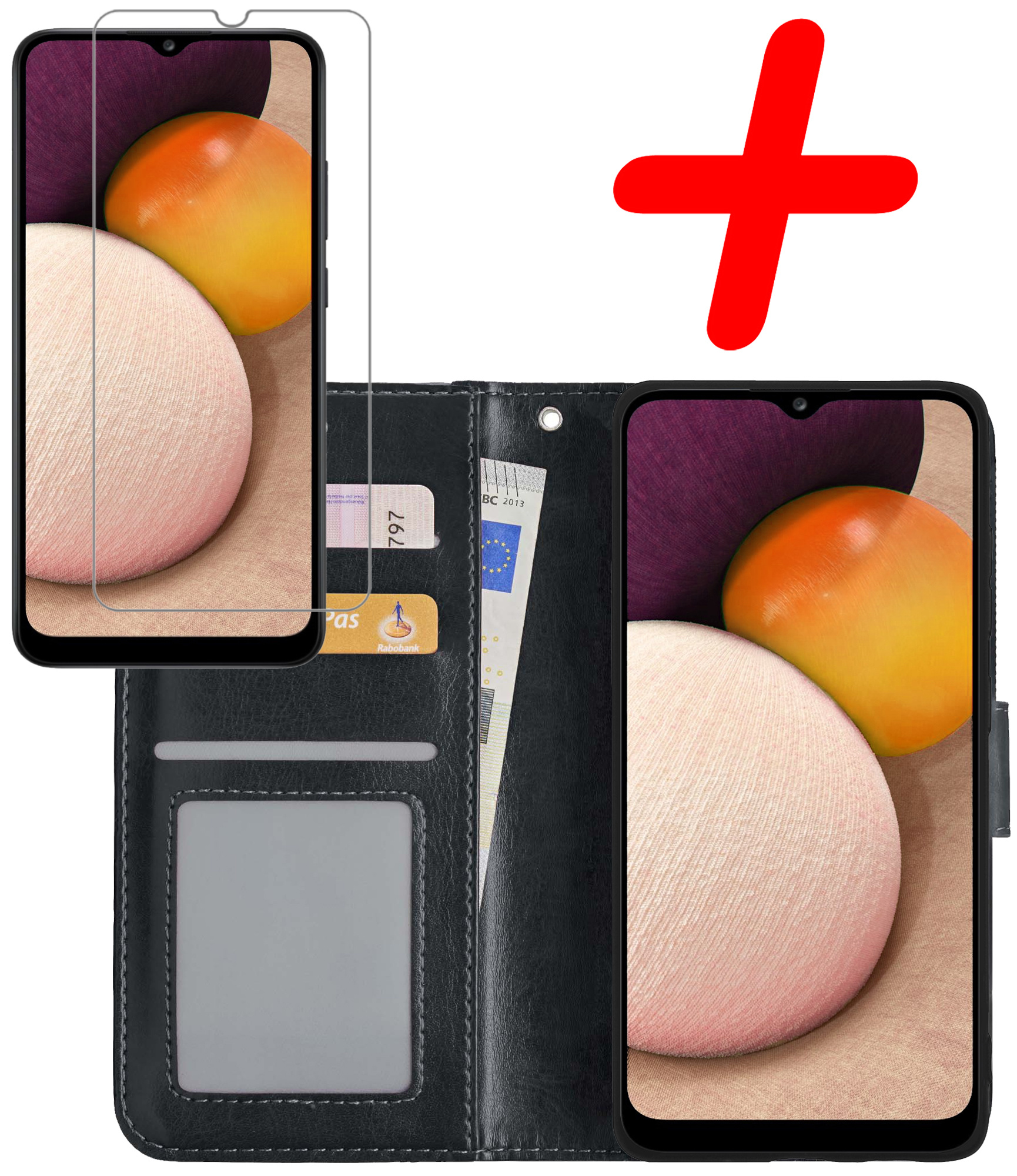 BASEY. Hoes Geschikt voor Samsung A02s Hoesje Bookcase Hoes Flip Case Book Cover Met Screenprotector - Hoesje Geschikt voor Samsung Galaxy A02s Hoes Book Case Hoesje - Zwart