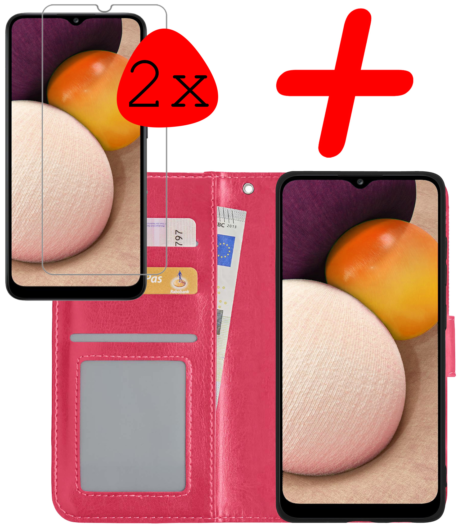 BASEY. Hoes Geschikt voor Samsung A02s Hoesje Bookcase Hoes Flip Case Book Cover Met 2x Screenprotector - Hoesje Geschikt voor Samsung Galaxy A02s Hoes Book Case Hoesje - Donkerroze