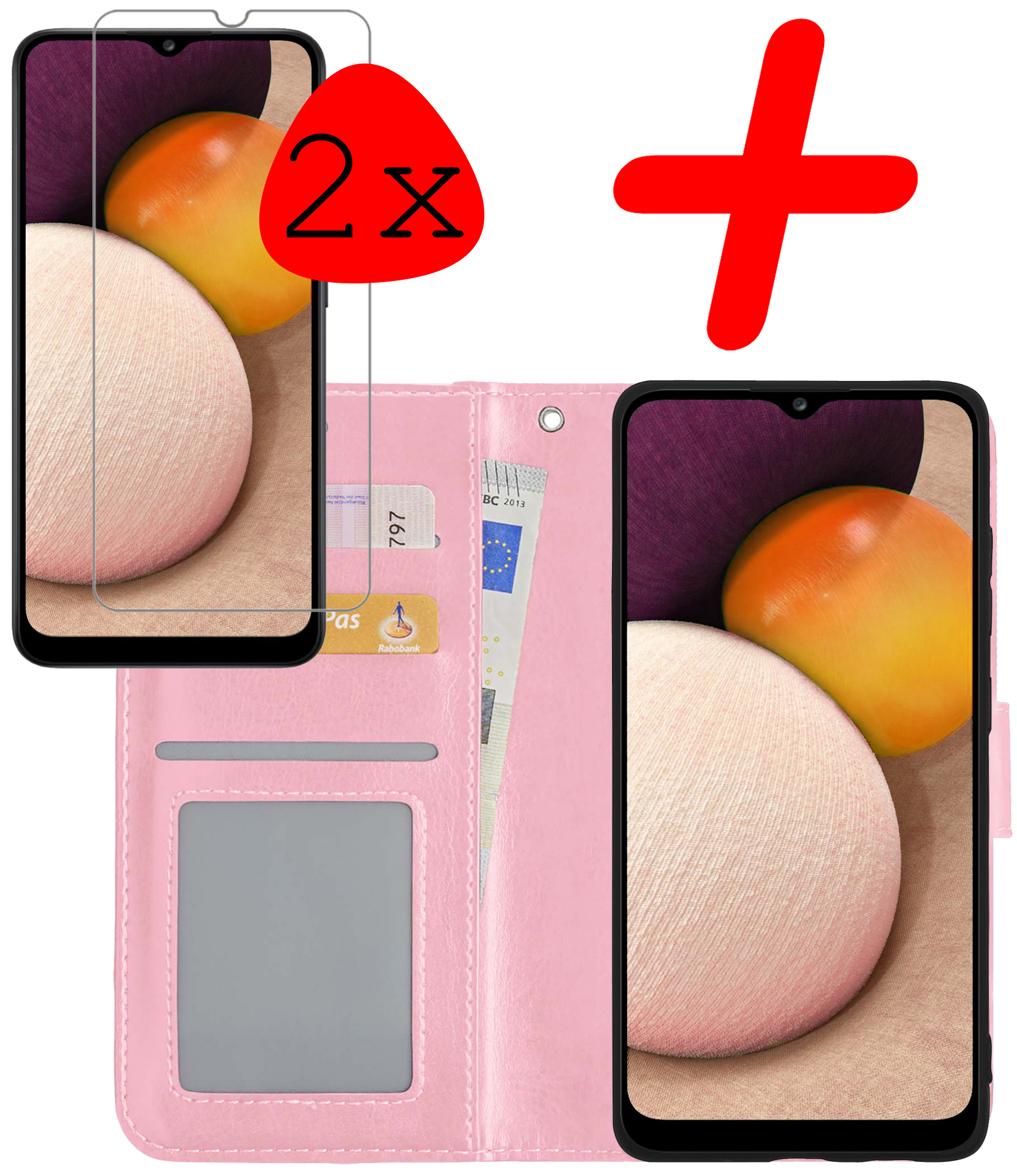 BASEY. Hoes Geschikt voor Samsung A02s Hoesje Bookcase Hoes Flip Case Book Cover Met 2x Screenprotector - Hoesje Geschikt voor Samsung Galaxy A02s Hoes Book Case Hoesje - Lichtroze
