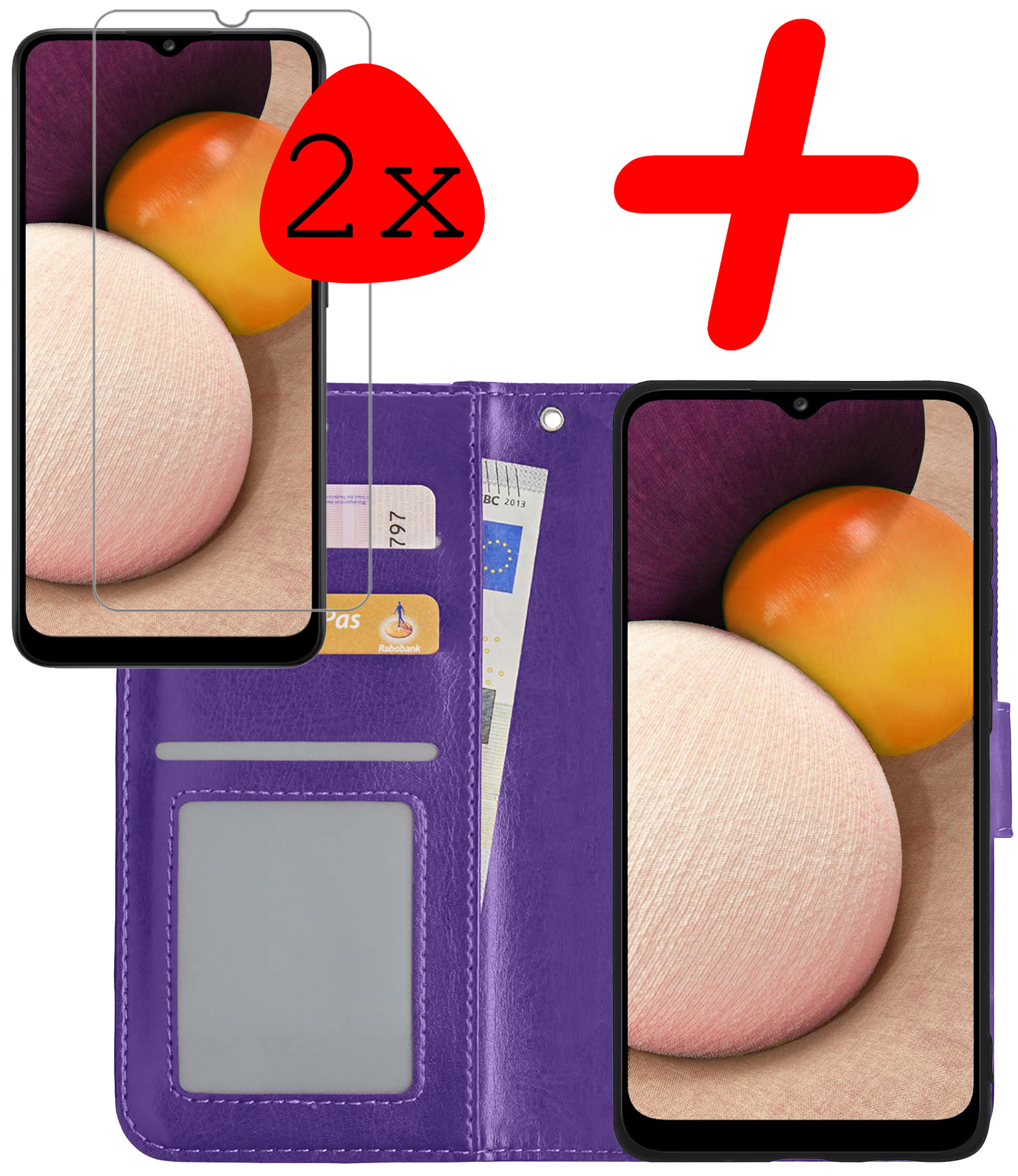 BASEY. Hoes Geschikt voor Samsung A02s Hoesje Bookcase Hoes Flip Case Book Cover Met 2x Screenprotector - Hoesje Geschikt voor Samsung Galaxy A02s Hoes Book Case Hoesje - Paars