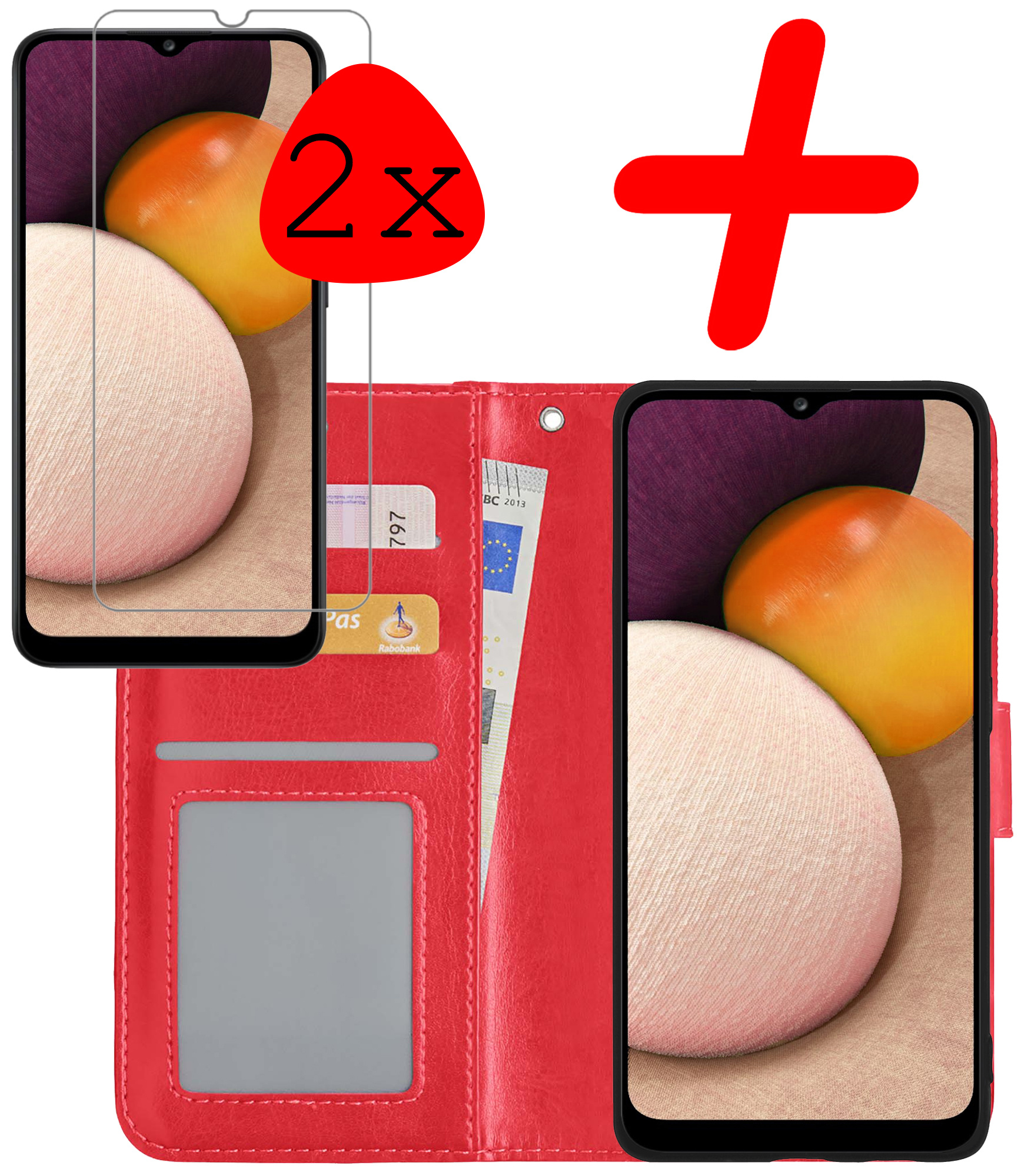 BASEY. Hoes Geschikt voor Samsung A02s Hoesje Bookcase Hoes Flip Case Book Cover Met 2x Screenprotector - Hoesje Geschikt voor Samsung Galaxy A02s Hoes Book Case Hoesje - Rood