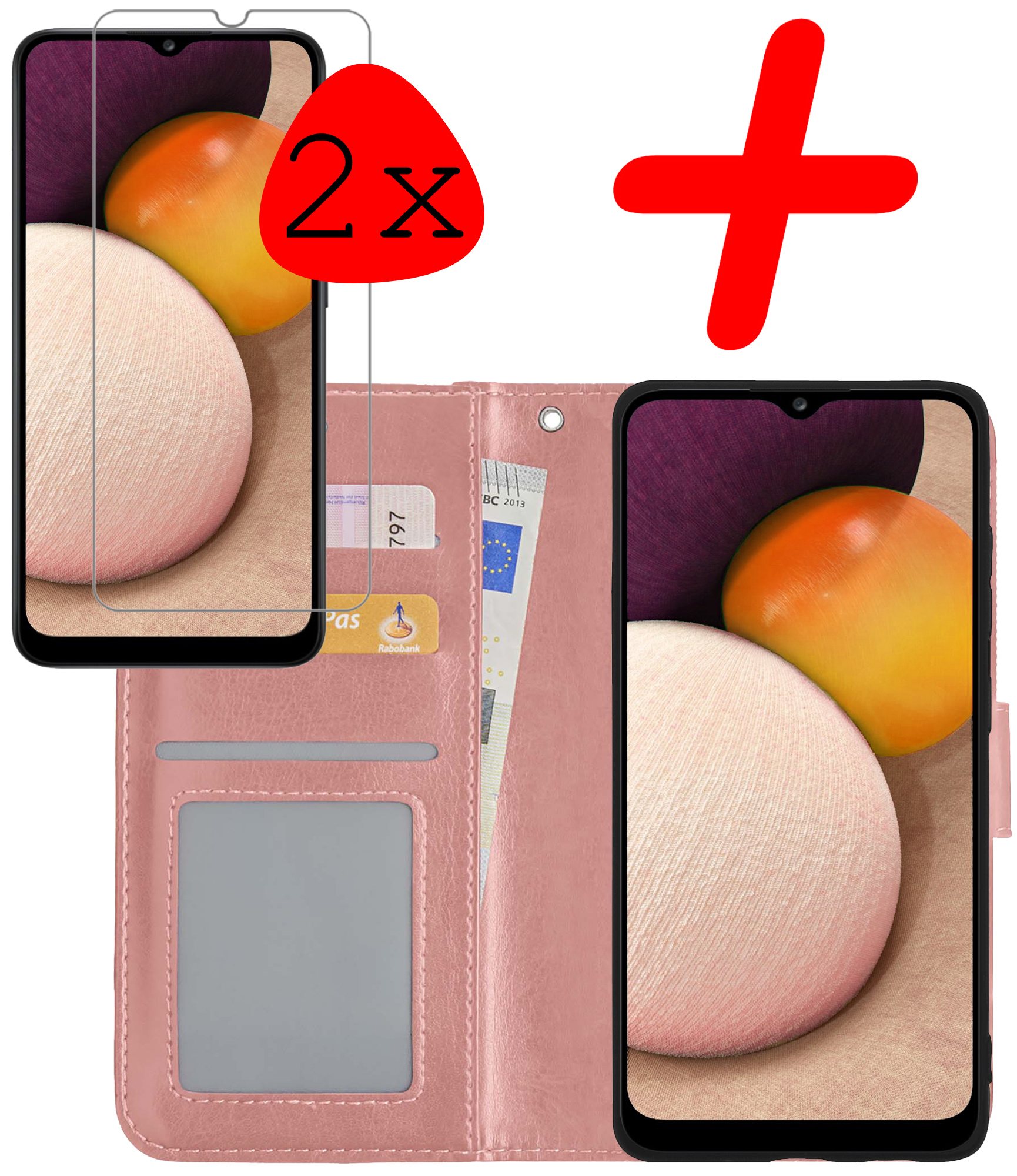 BASEY. Hoes Geschikt voor Samsung A02s Hoesje Bookcase Hoes Flip Case Book Cover Met 2x Screenprotector - Hoesje Geschikt voor Samsung Galaxy A02s Hoes Book Case Hoesje - Rosé goud