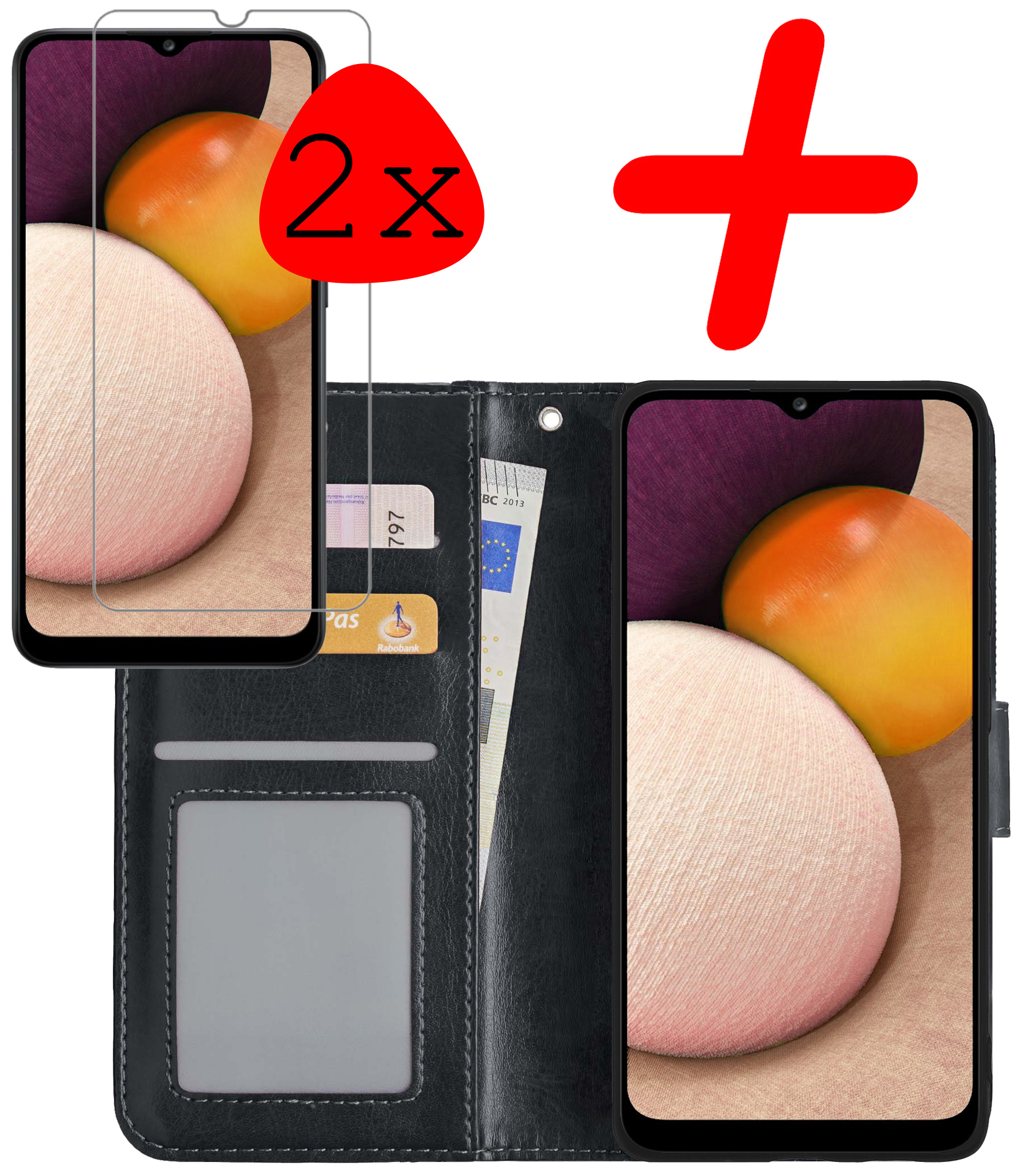 BASEY. Hoes Geschikt voor Samsung A02s Hoesje Bookcase Hoes Flip Case Book Cover Met 2x Screenprotector - Hoesje Geschikt voor Samsung Galaxy A02s Hoes Book Case Hoesje - Zwart