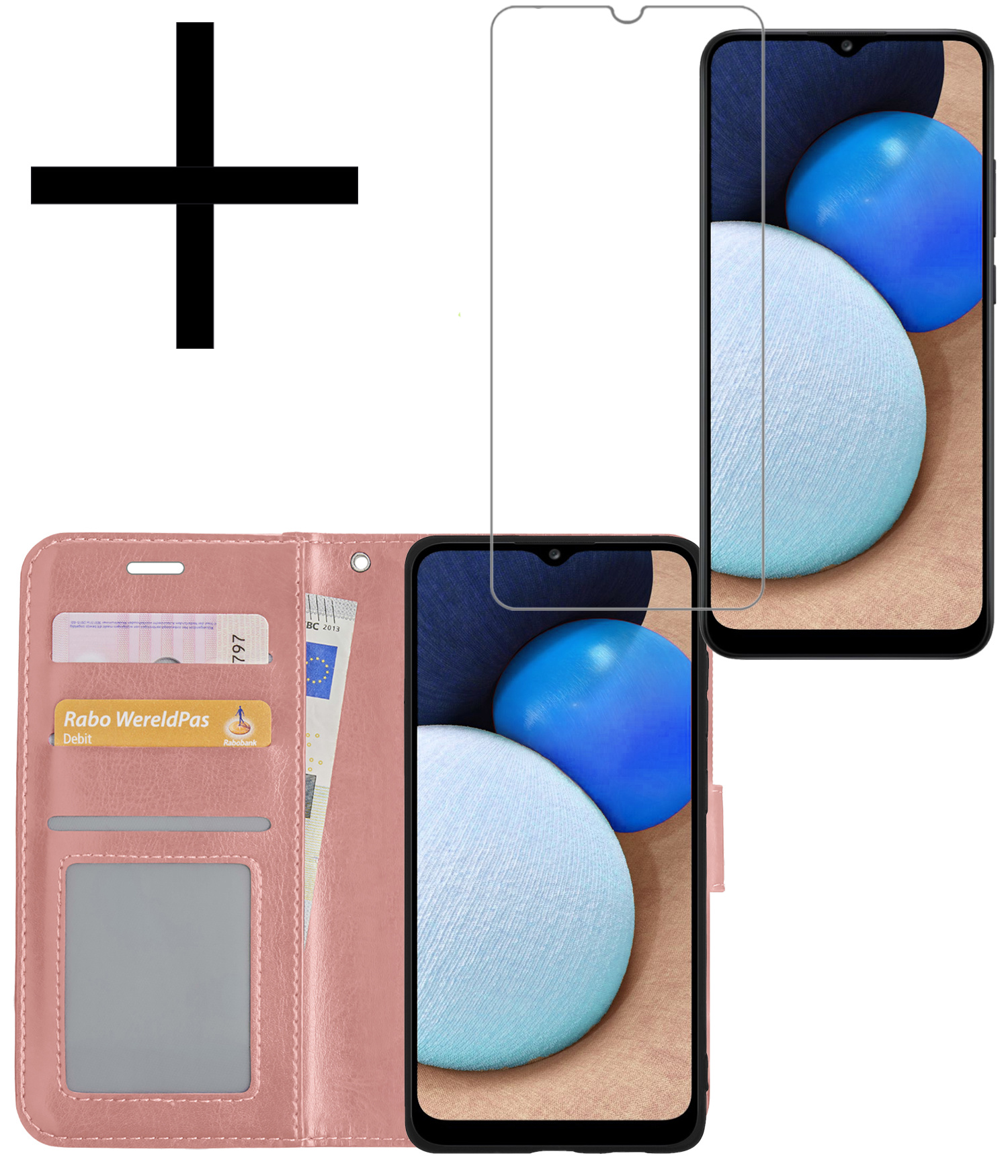 NoXx Hoes Geschikt voor Samsung A02s Hoesje Book Case Hoes Flip Cover Wallet Bookcase Met Screenprotector - Rosé goud