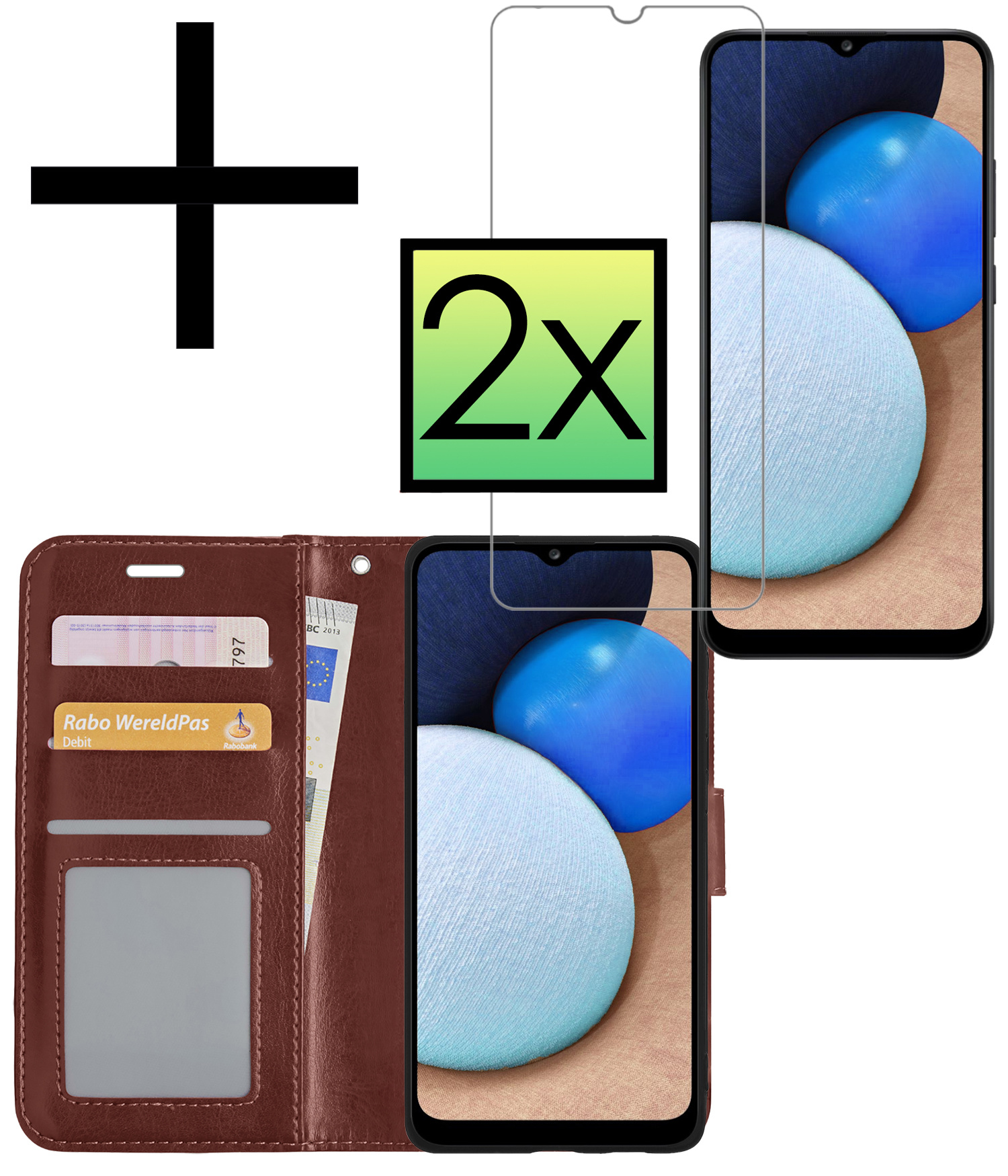 NoXx Hoes Geschikt voor Samsung A02s Hoesje Book Case Hoes Flip Cover Wallet Bookcase Met 2x Screenprotector - Bruin