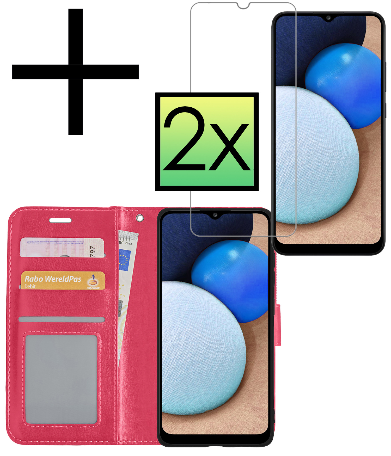 NoXx Hoes Geschikt voor Samsung A02s Hoesje Book Case Hoes Flip Cover Wallet Bookcase Met 2x Screenprotector - Donkerroze