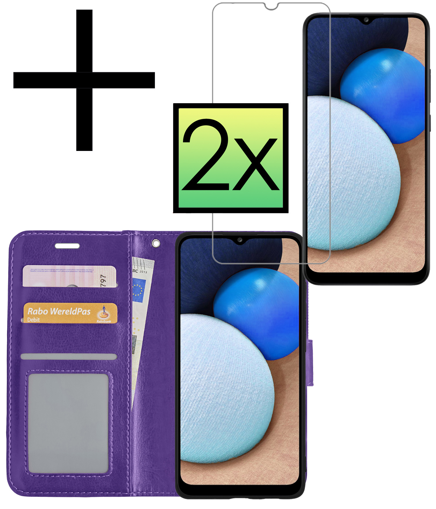 NoXx Hoes Geschikt voor Samsung A02s Hoesje Book Case Hoes Flip Cover Wallet Bookcase Met 2x Screenprotector - Paars