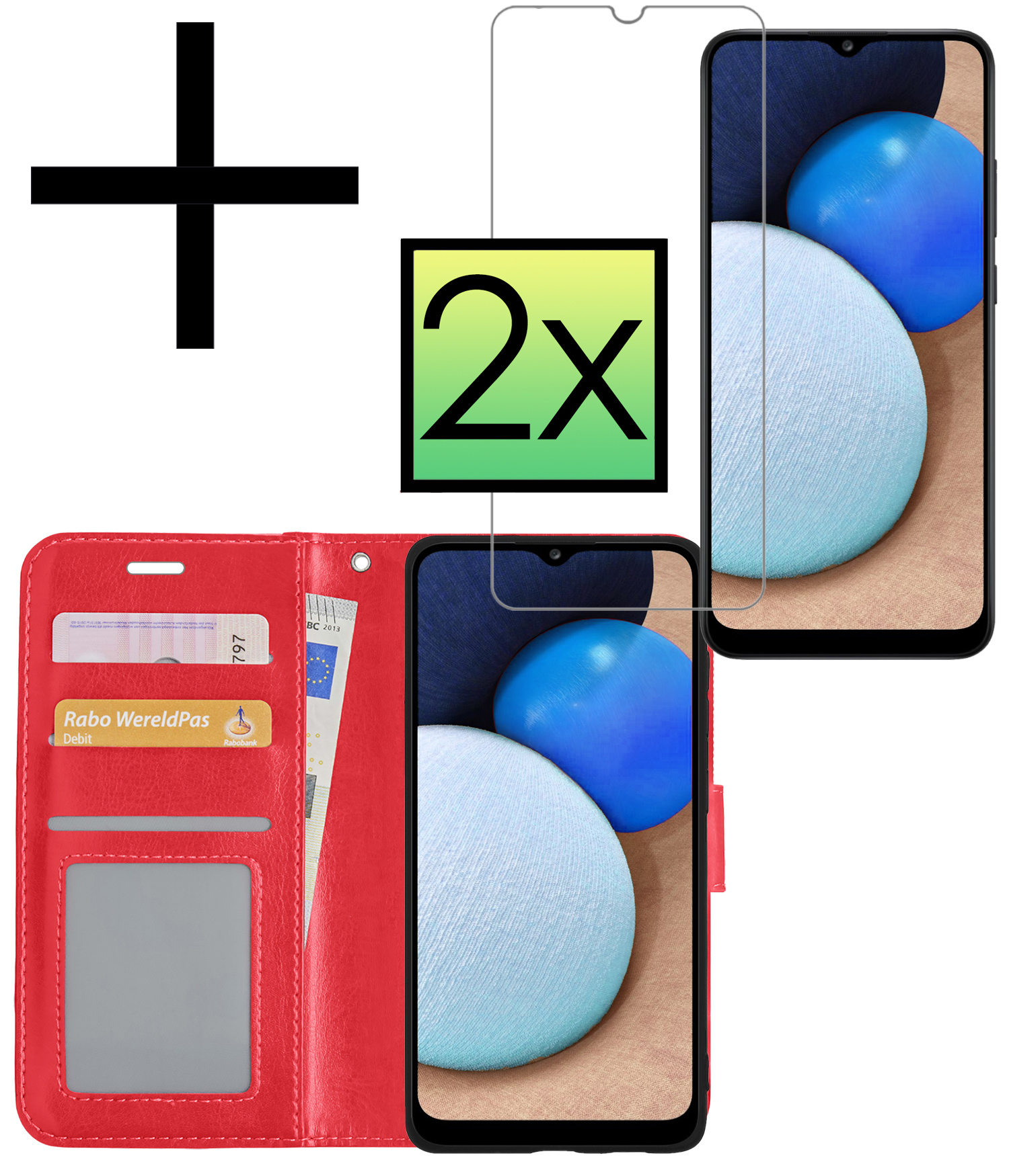 NoXx Hoes Geschikt voor Samsung A02s Hoesje Book Case Hoes Flip Cover Wallet Bookcase Met 2x Screenprotector - Rood