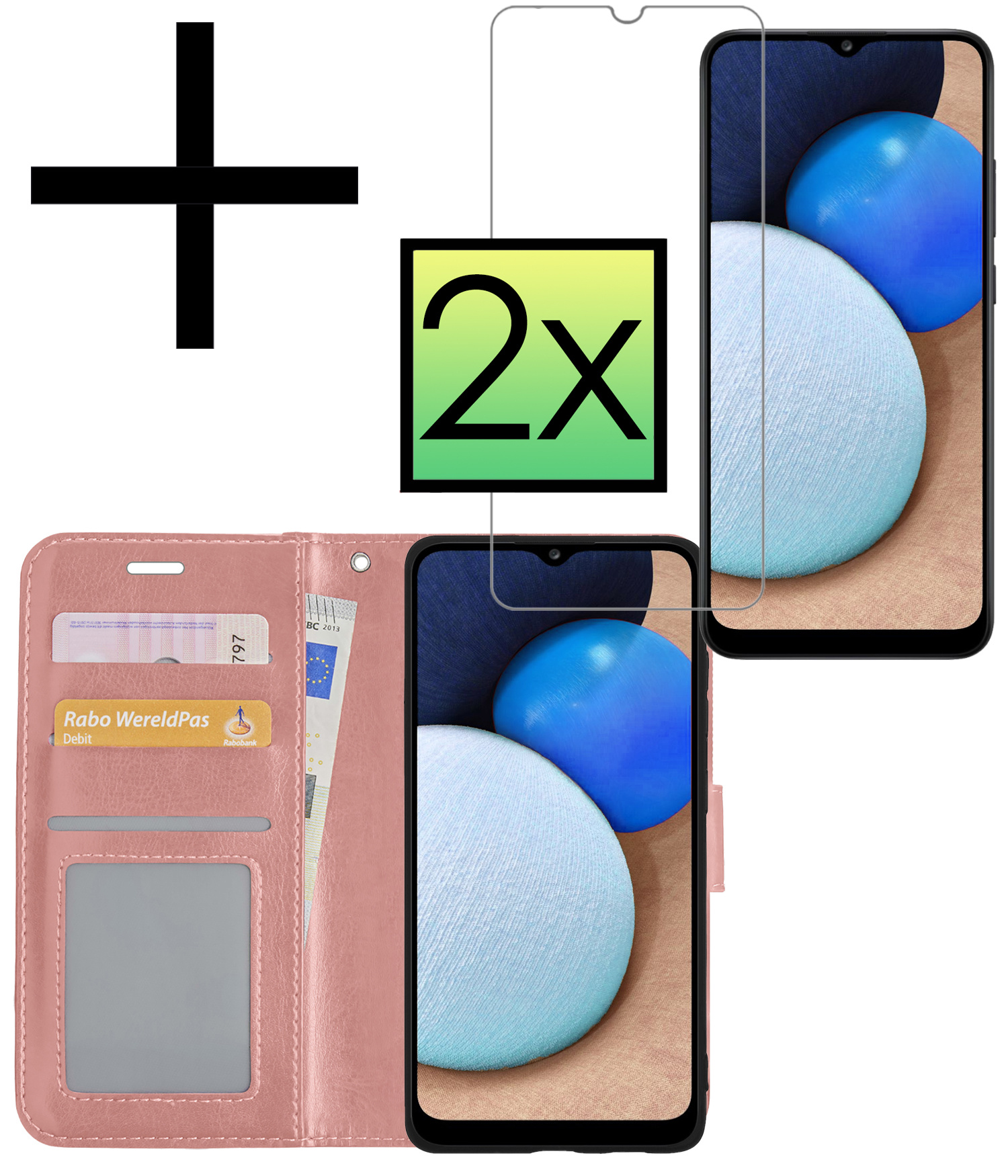 NoXx Hoes Geschikt voor Samsung A02s Hoesje Book Case Hoes Flip Cover Wallet Bookcase Met 2x Screenprotector - Rosé goud