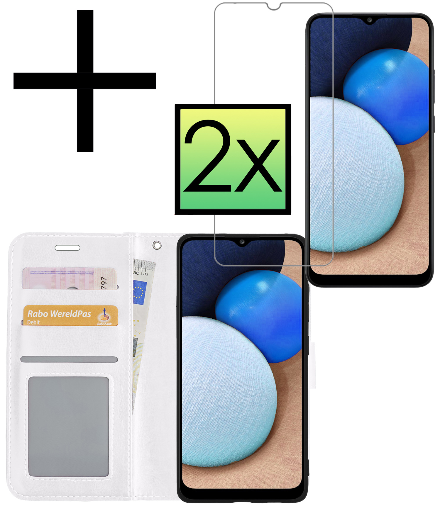 NoXx Hoes Geschikt voor Samsung A02s Hoesje Book Case Hoes Flip Cover Wallet Bookcase Met 2x Screenprotector - Wit