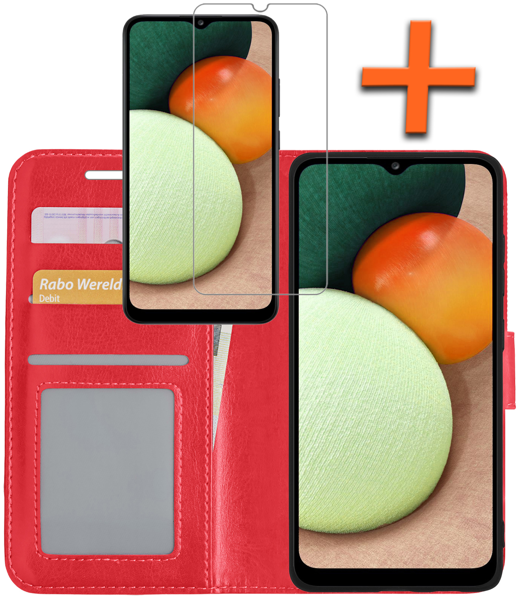 Nomfy Hoesje Geschikt voor Samsung A02s Hoes Bookcase Flipcase Book Cover Met Screenprotector - Hoes Geschikt voor Samsung Galaxy A02s Hoesje Book Case - Rood